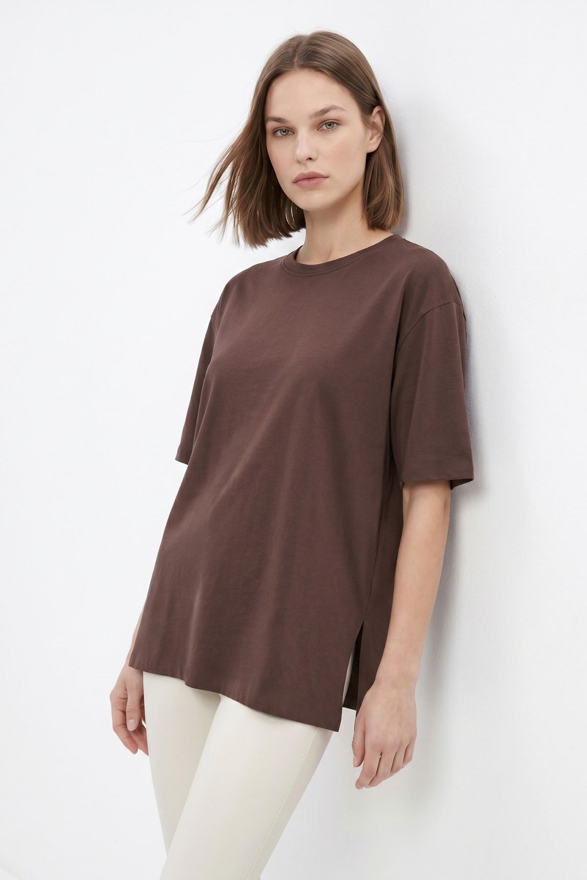 Kahve Bisiklet Yaka Salaş Tişört 0474 - RAYS