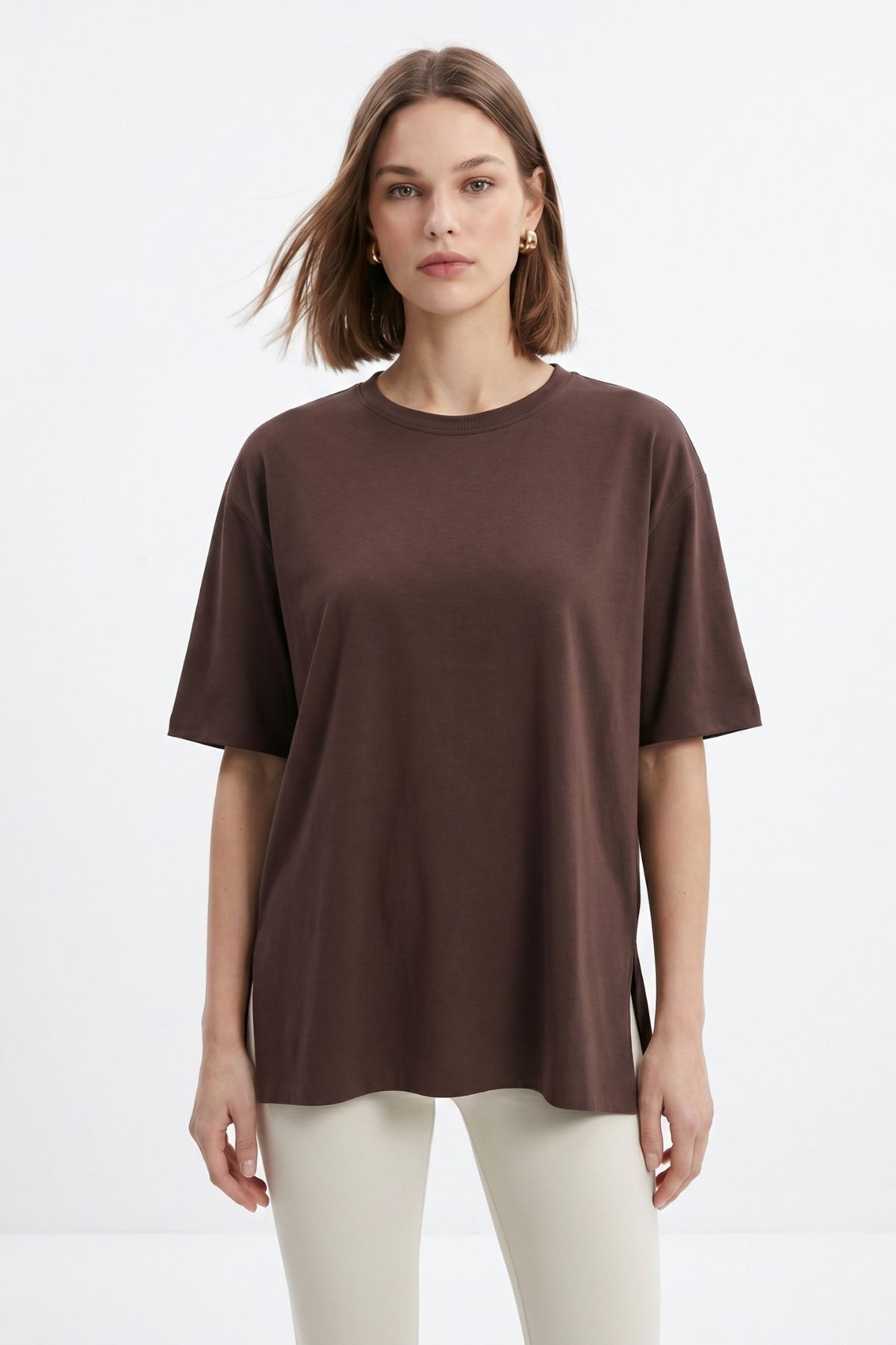 Kahve Bisiklet Yaka Salaş Tişört 0474 - RAYS