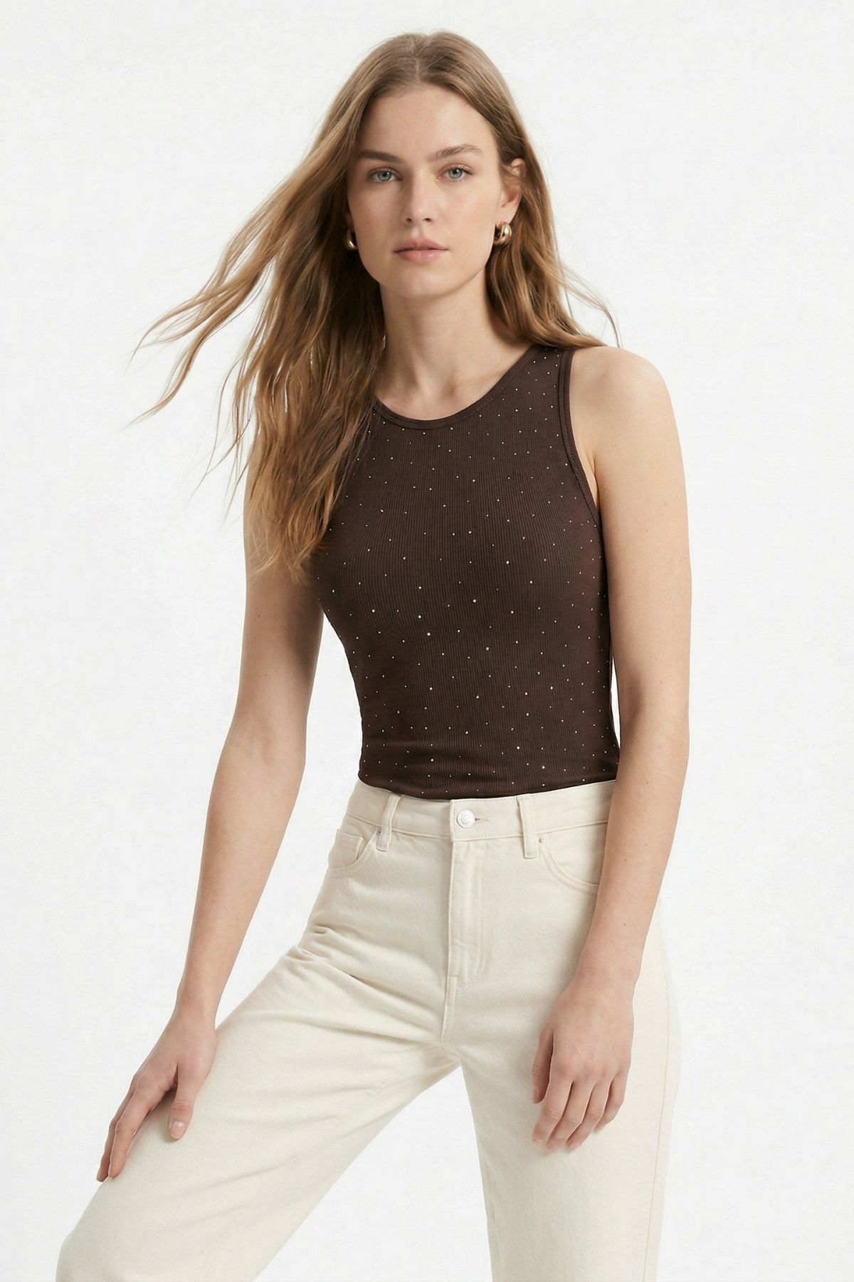 Kahve Bisiklet Yaka Taşlı Bluz 2216 - RAYS