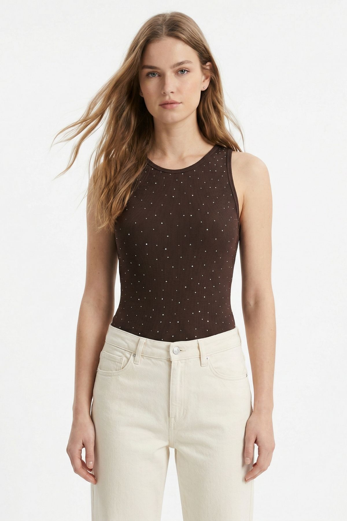 Kahve Bisiklet Yaka Taşlı Bluz 2216 - RAYS