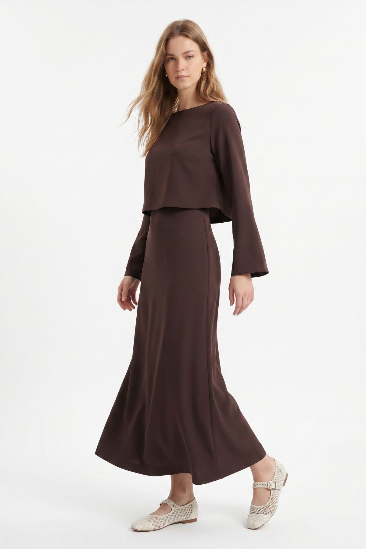 Kahve Bisiklet Yaka Uzun Kol Bluz Elbise Takım 18005 