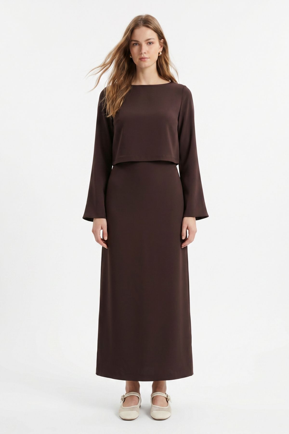 Kahve Bisiklet Yaka Uzun Kol Bluz Elbise Takım 18005 - 2