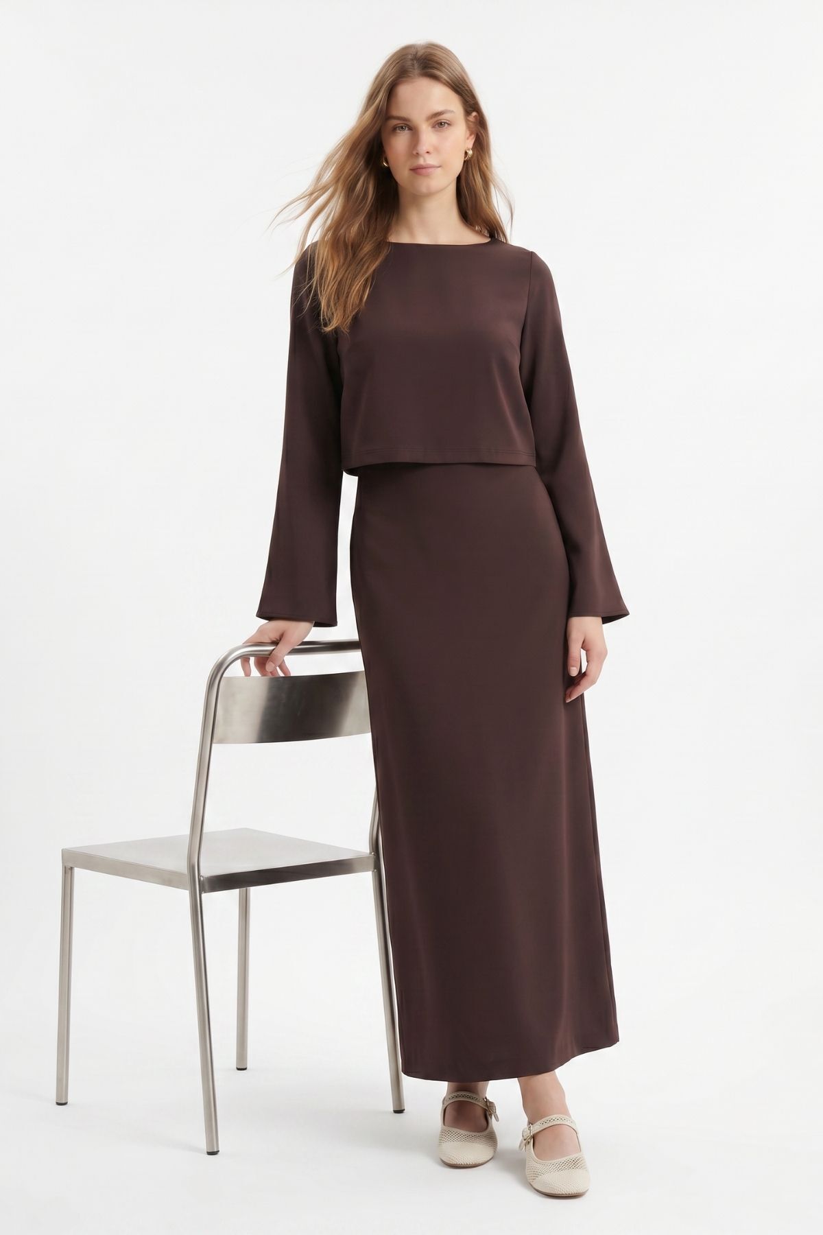 Kahve Bisiklet Yaka Uzun Kol Bluz Elbise Takım 18005 - 3