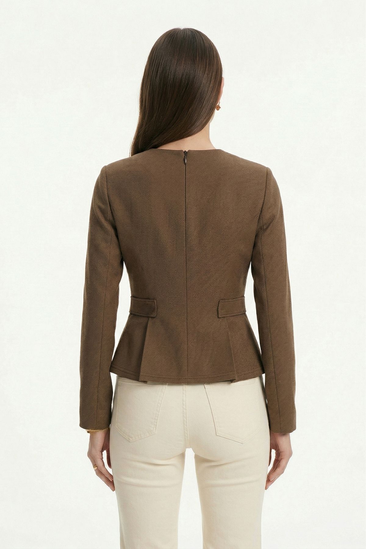 Kahve Bisiklet Yaka Uzun Kol Düğmeli Bluz 8492A - RAYS