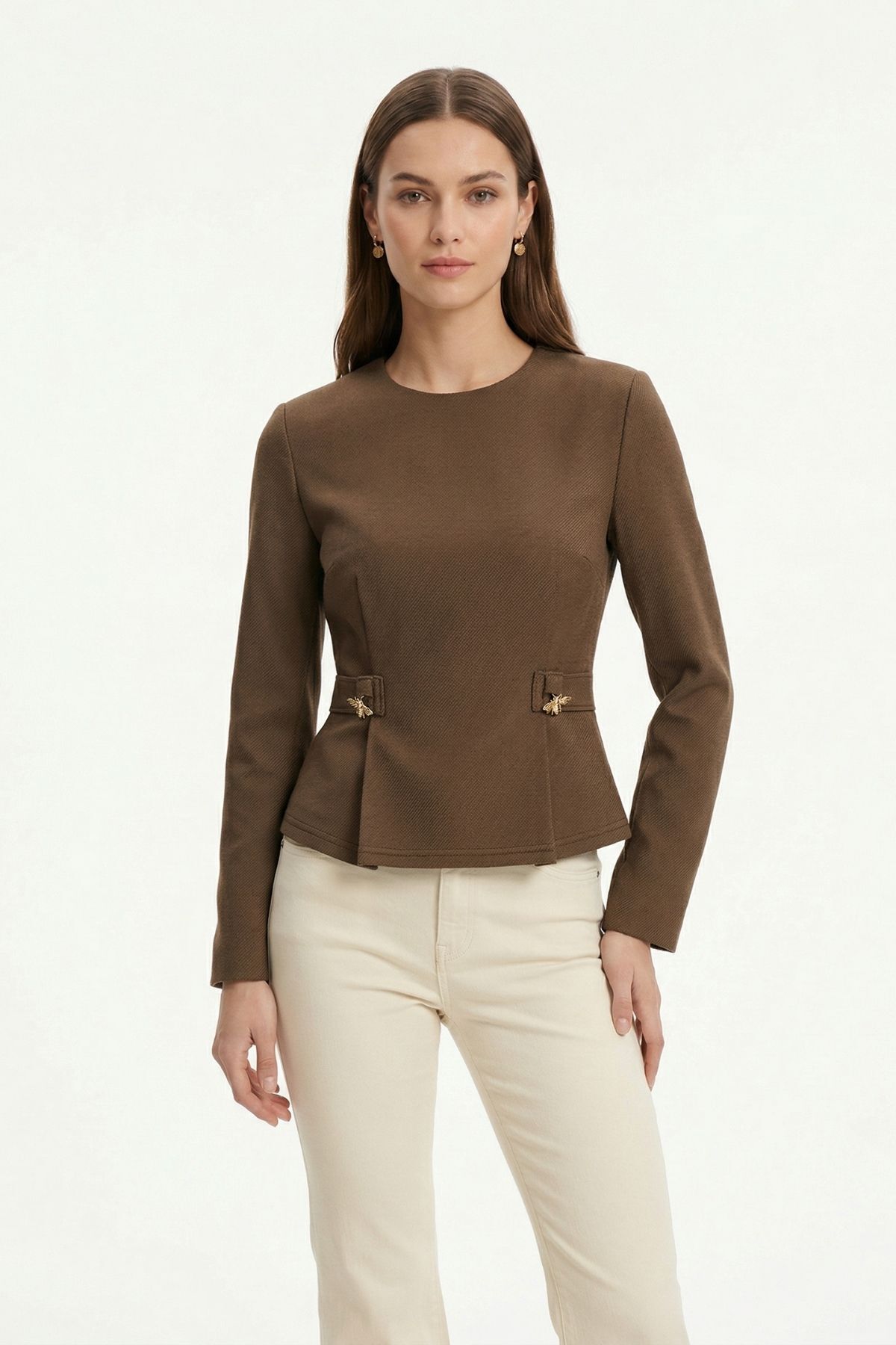 Kahve Bisiklet Yaka Uzun Kol Düğmeli Bluz 8492A - RAYS