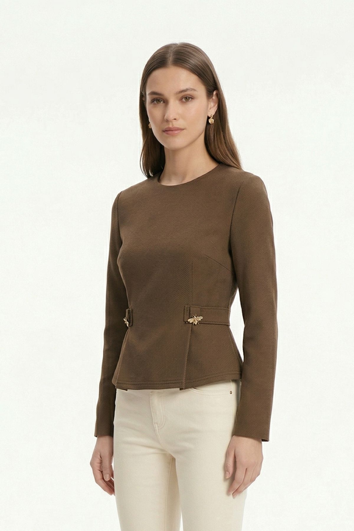 Kahve Bisiklet Yaka Uzun Kol Düğmeli Bluz 8492A - RAYS