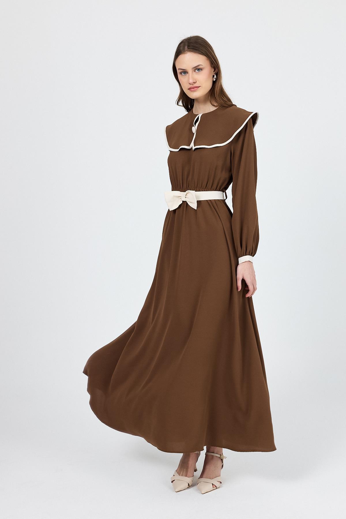 Kahve Biye Detaylı Bebe Yaka Elbise 4413A - 3