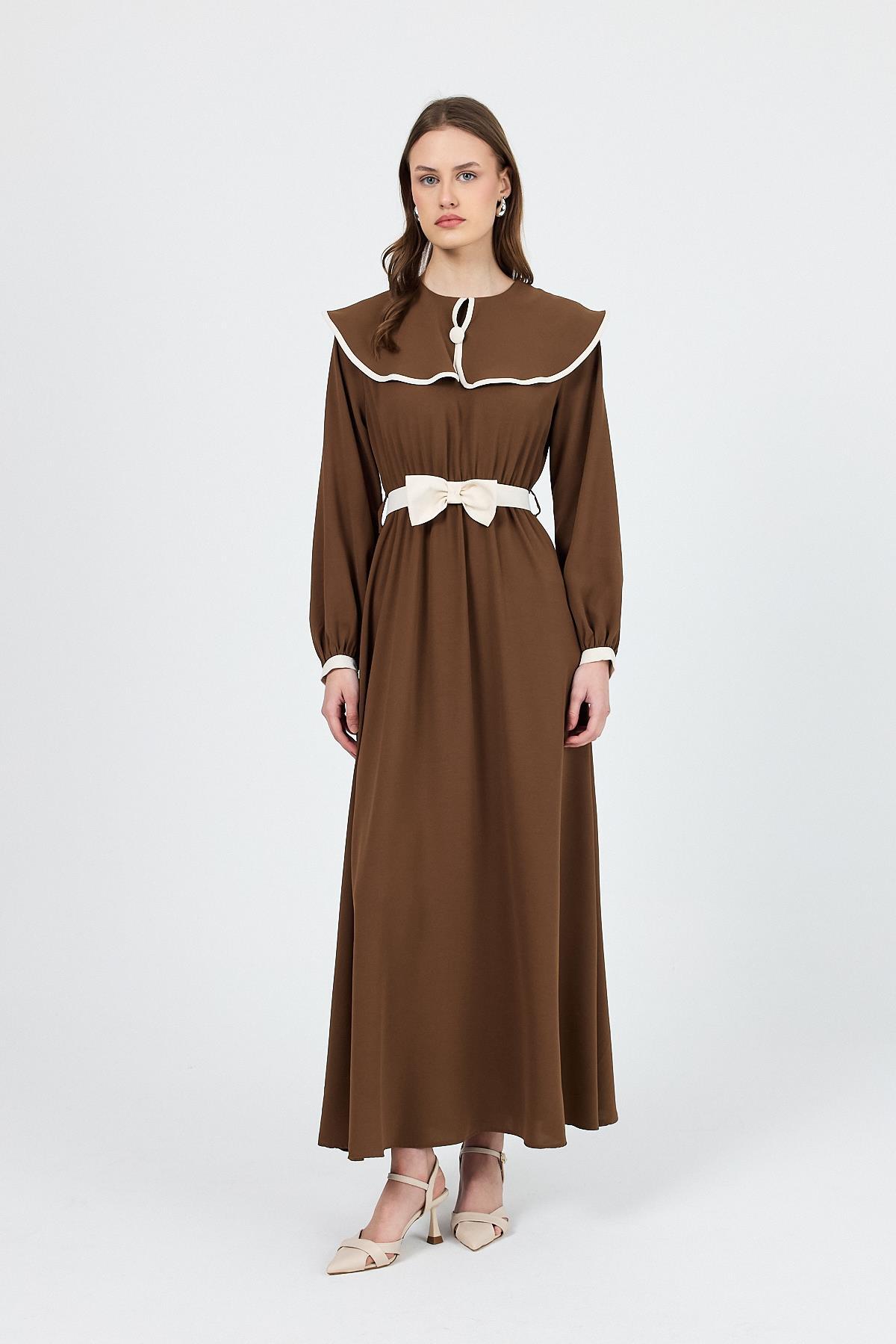 Kahve Biye Detaylı Bebe Yaka Elbise 4413A - 7