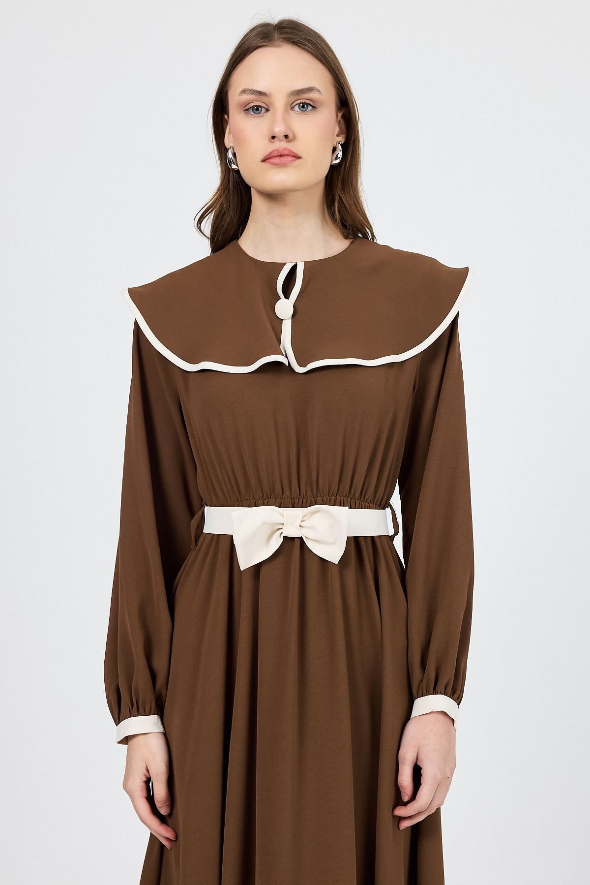 Kahve Biye Detaylı Bebe Yaka Elbise 4413A - 6