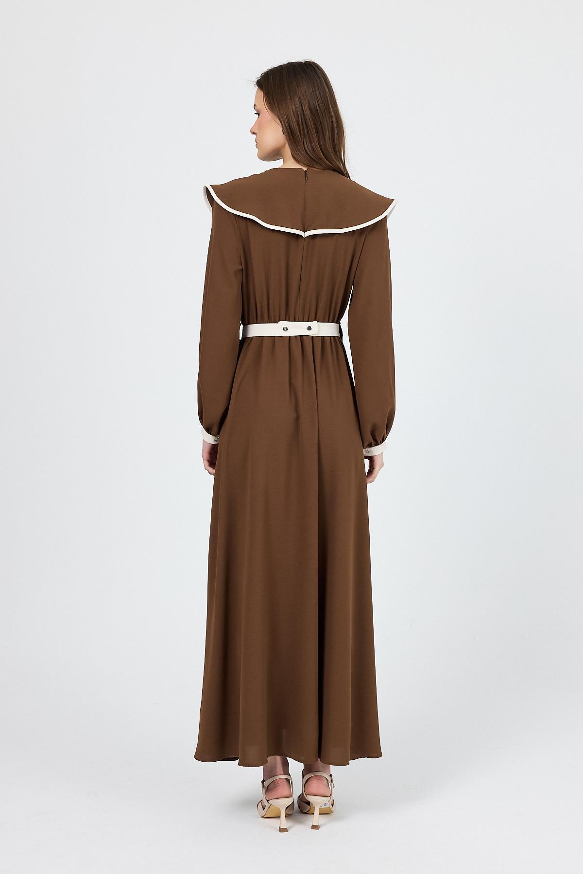 Kahve Biye Detaylı Bebe Yaka Elbise 4413A - 5