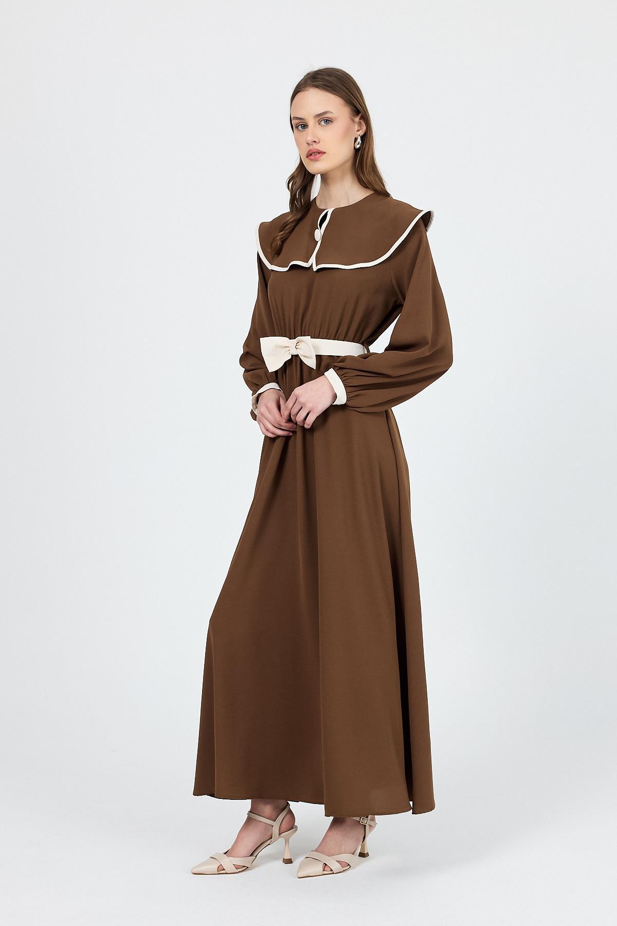 Kahve Biye Detaylı Bebe Yaka Elbise 4413A - 8