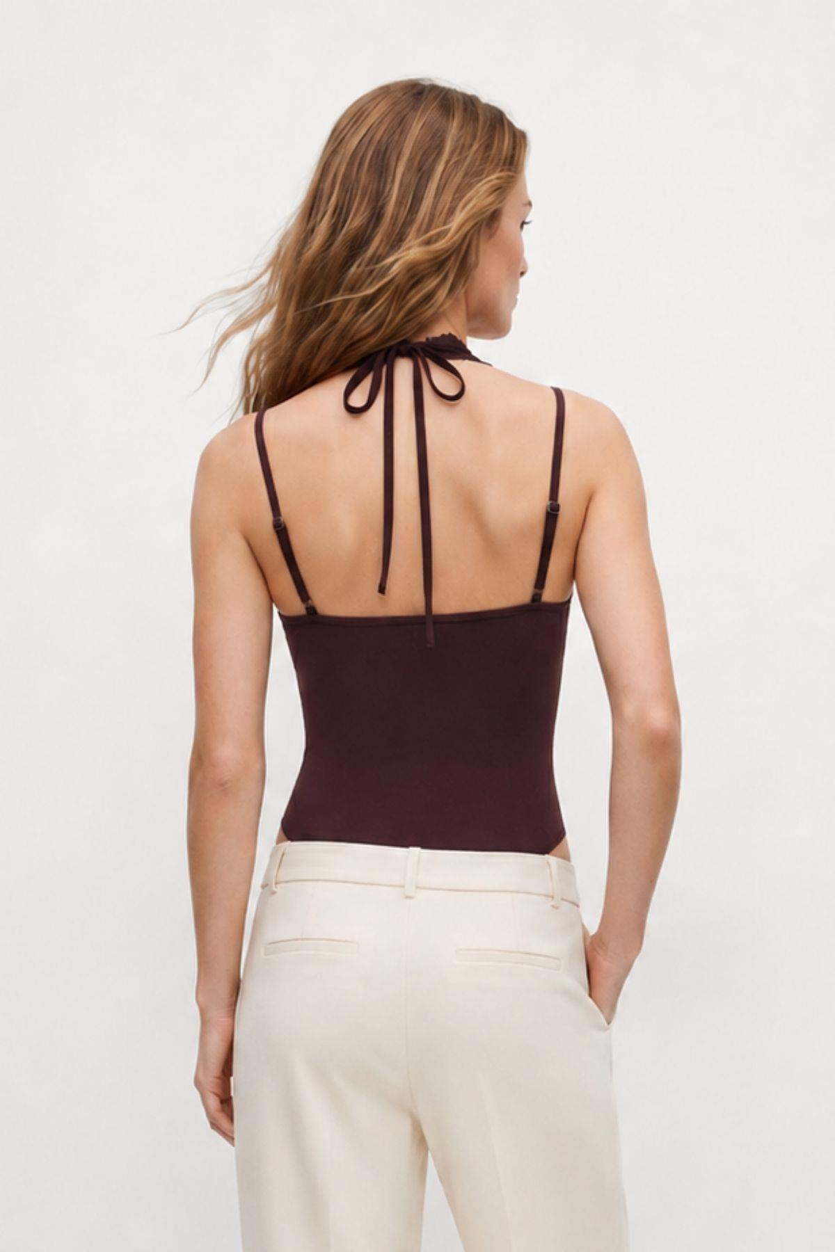 Kahve Boyundan Bağlamalı Dantel Detay Çıtçıtlı Bodysuit 0348 - 3