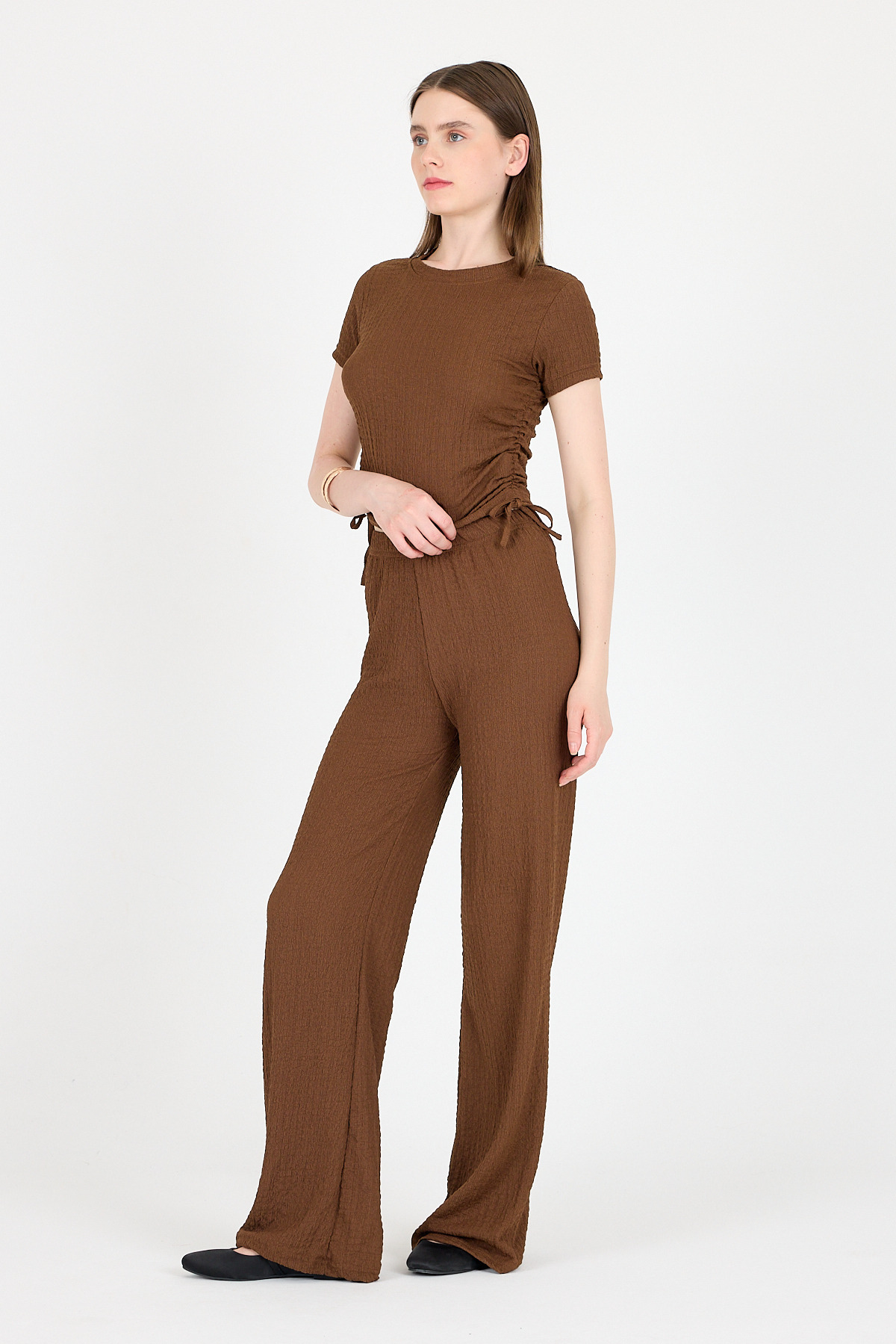 Kahve Bürümcük Dokulu Büzgülü Crop ve Geniş Paça Pantolon Takımı 3001 - 3