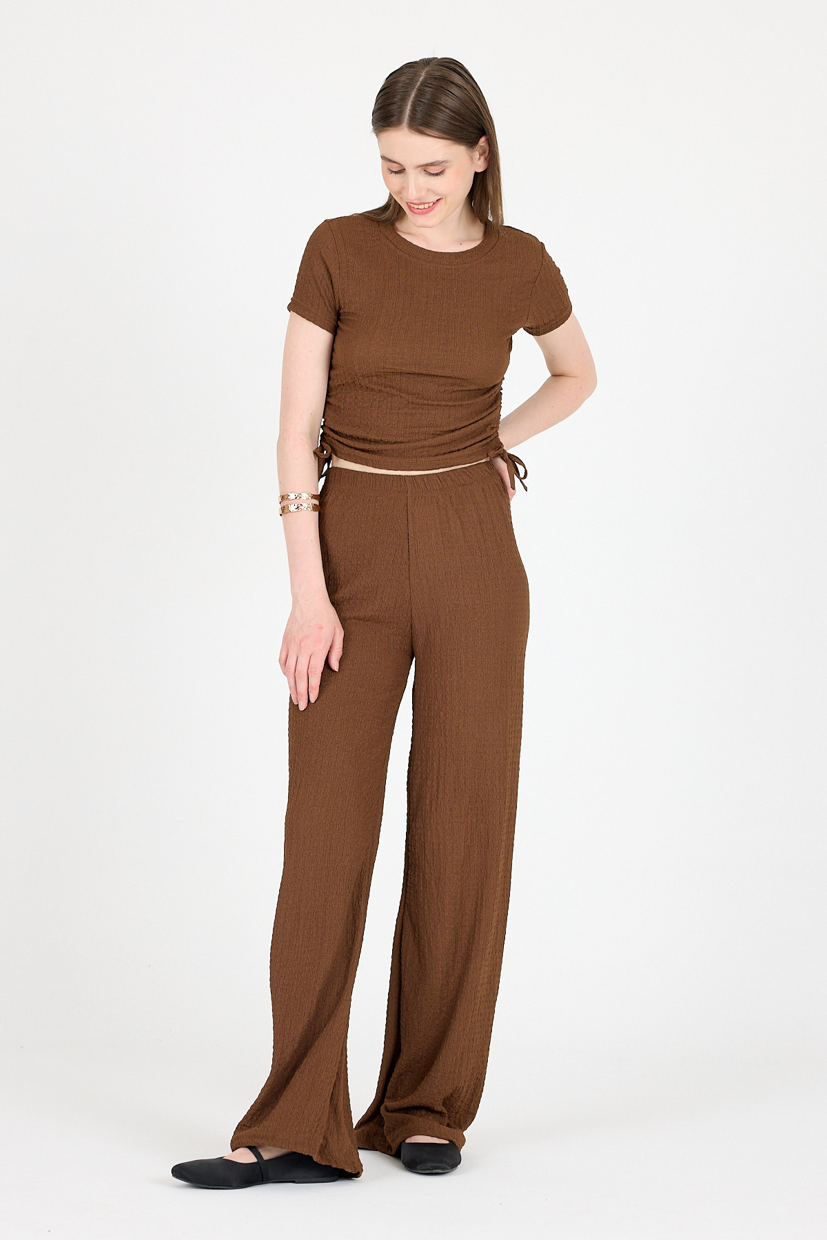 Kahve Bürümcük Dokulu Büzgülü Crop ve Geniş Paça Pantolon Takımı 3001 - 6