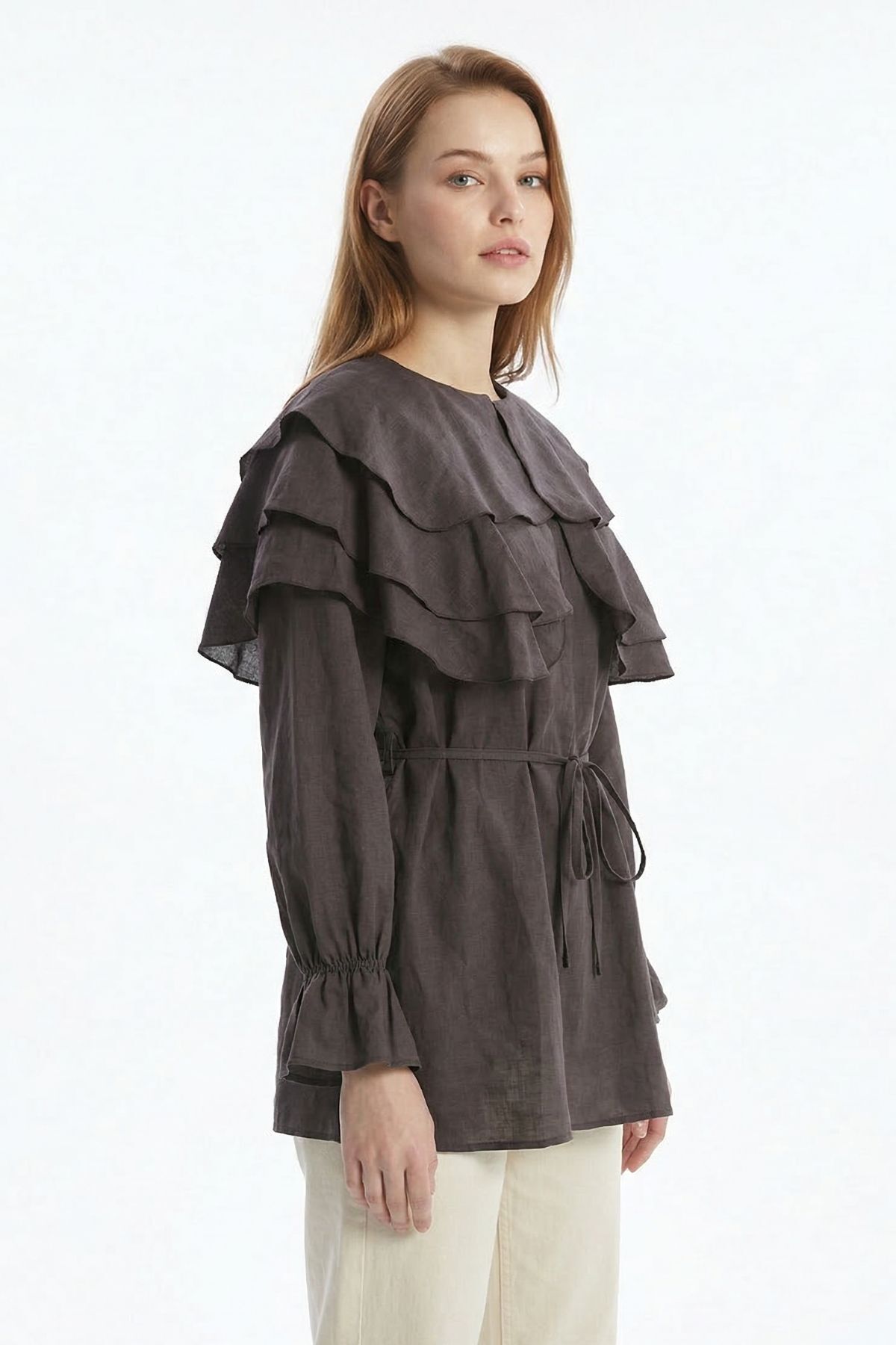 Kahve Büzgülü Balon Kol Kat Kat Bluz 0062 - RAYS