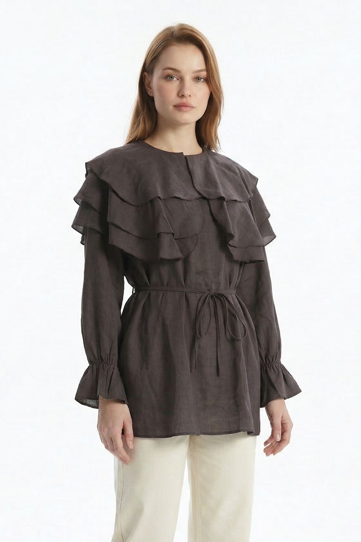 Kahve Büzgülü Balon Kol Kat Kat Bluz 0062 - RAYS