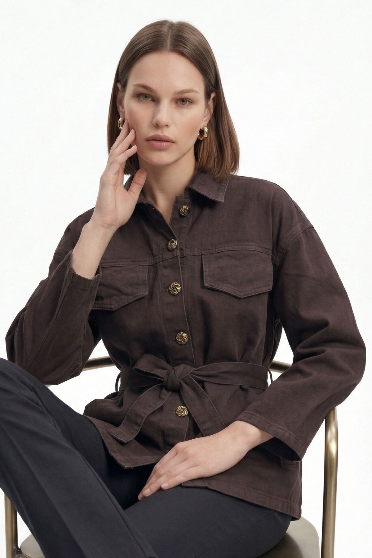 Kahve Cep Detaylı Kuşaklı Oversize Ceket 6013 - 1