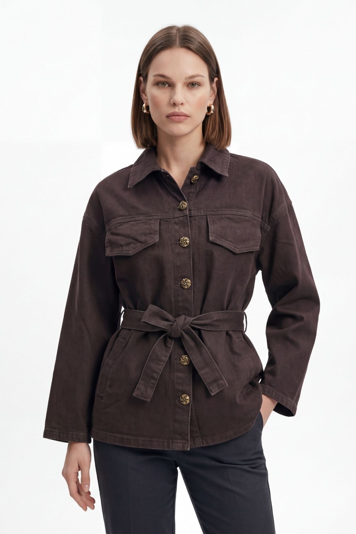 Kahve Cep Detaylı Kuşaklı Oversize Ceket 6013 - 2