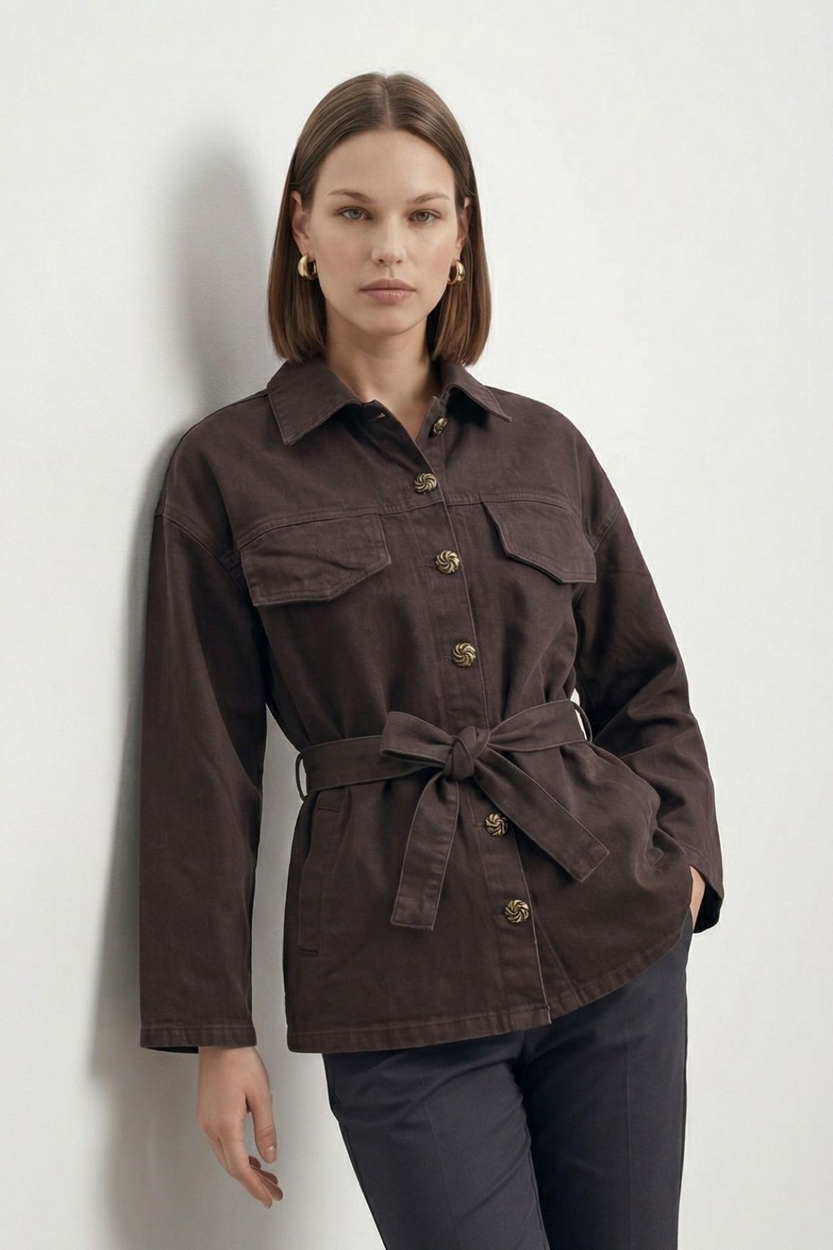 Kahve Cep Detaylı Kuşaklı Oversize Ceket 6013 - 3