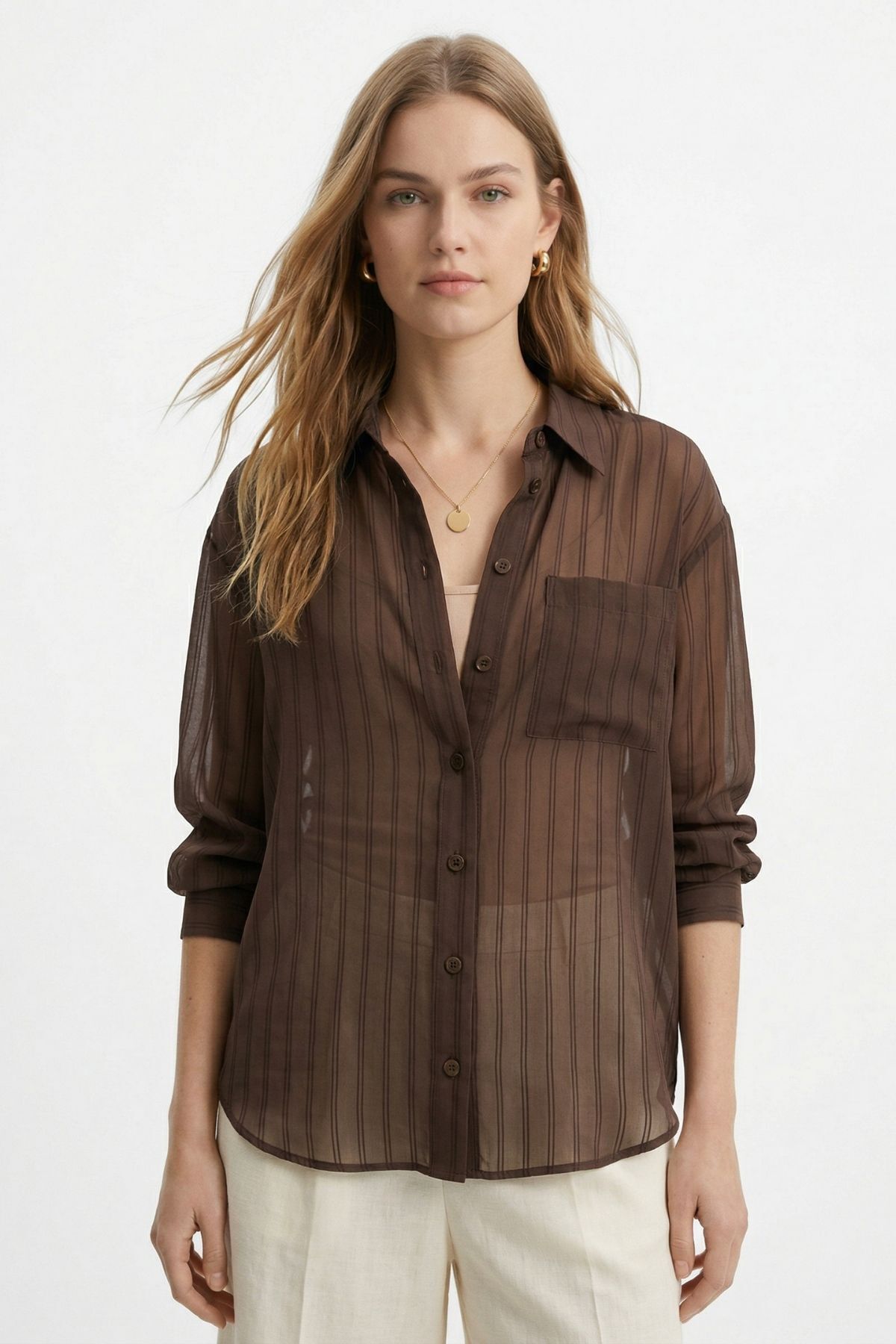 Kahve Cepli Çizgili Oversize Gömlek 5449 - 1