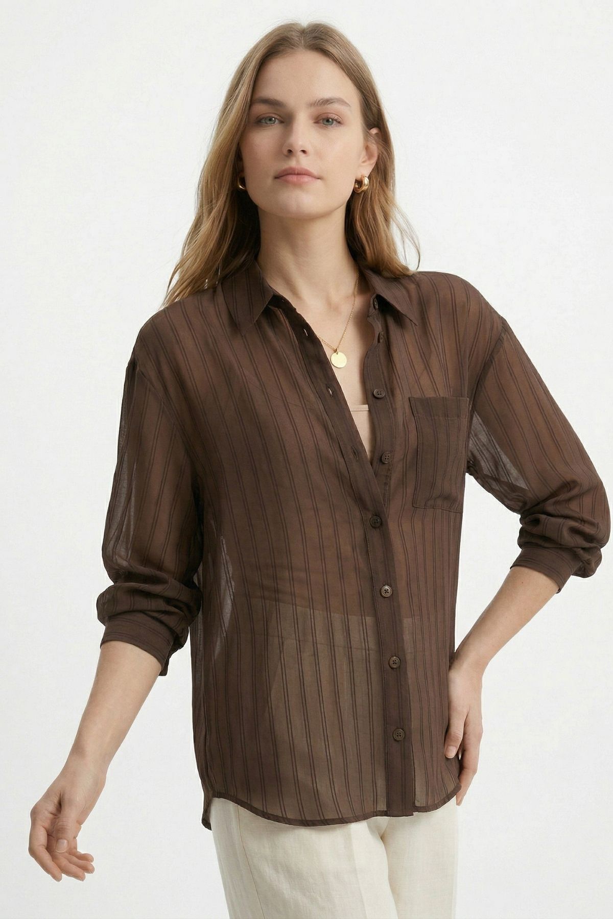 Kahve Cepli Çizgili Oversize Gömlek 5449 - 2