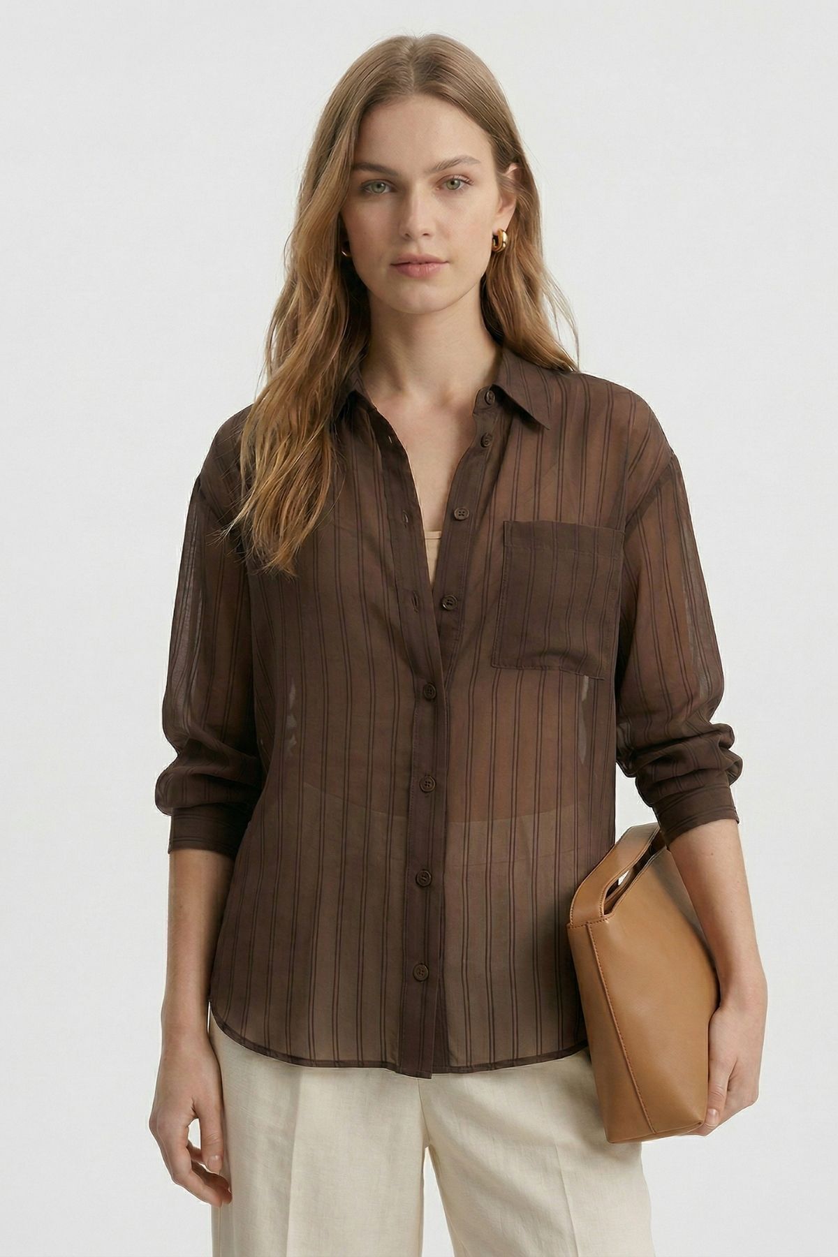 Kahve Cepli Çizgili Oversize Gömlek 5449 - 3