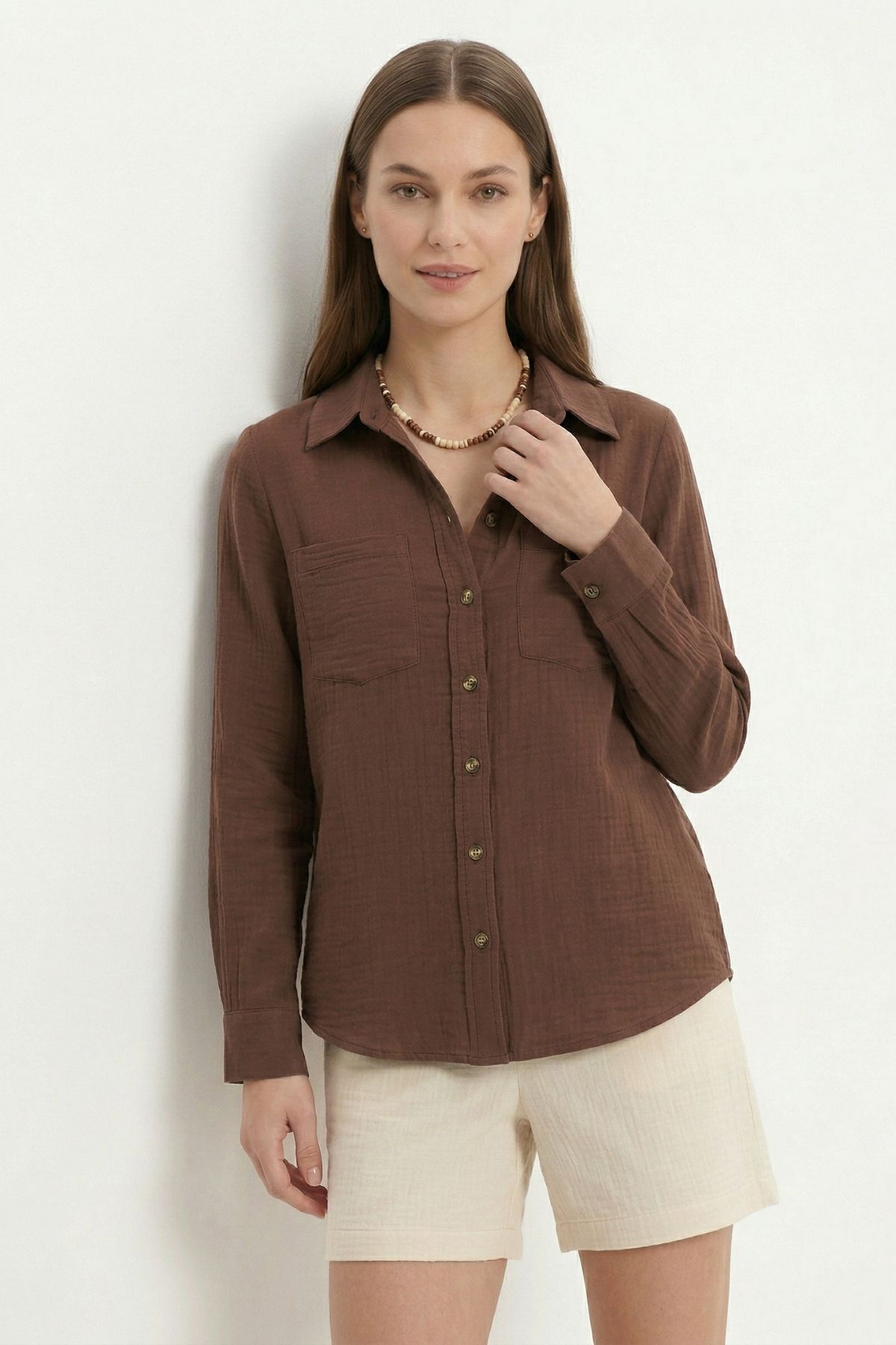 Kahve Çift Cepli Uzun Kol Gömlek 4829A - RAYS