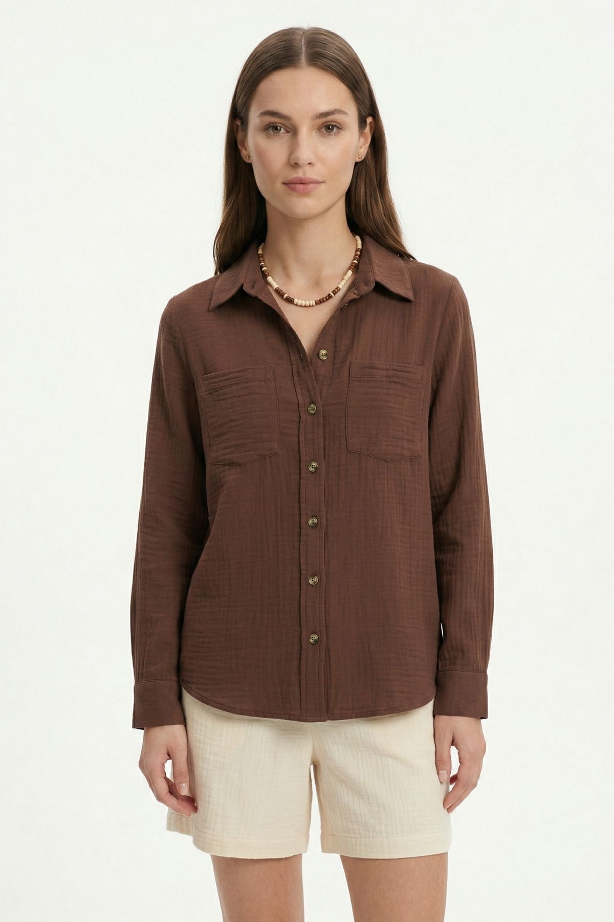 Kahve Çift Cepli Uzun Kol Gömlek 4829A - RAYS