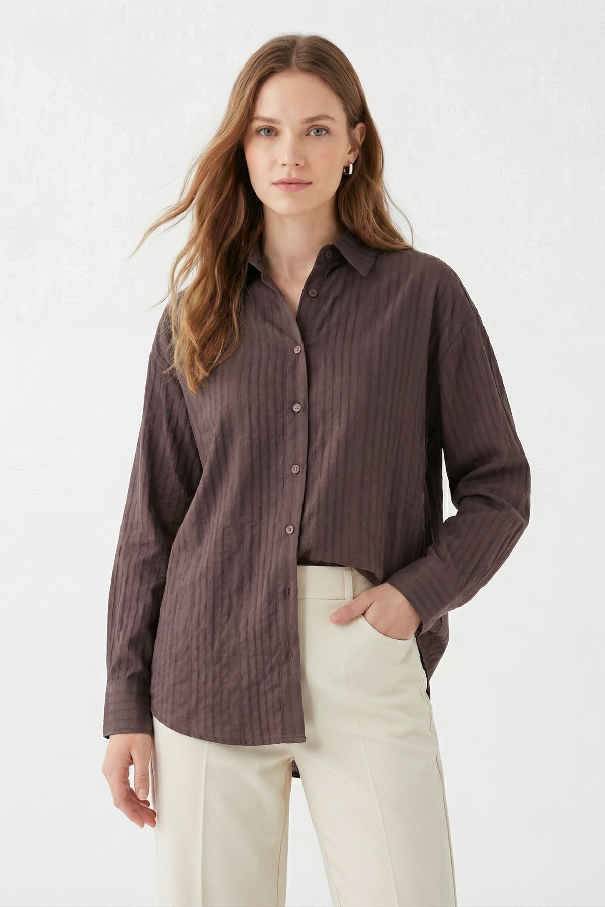 Kahve Çizgi Detay Gömlek 7517 - 2