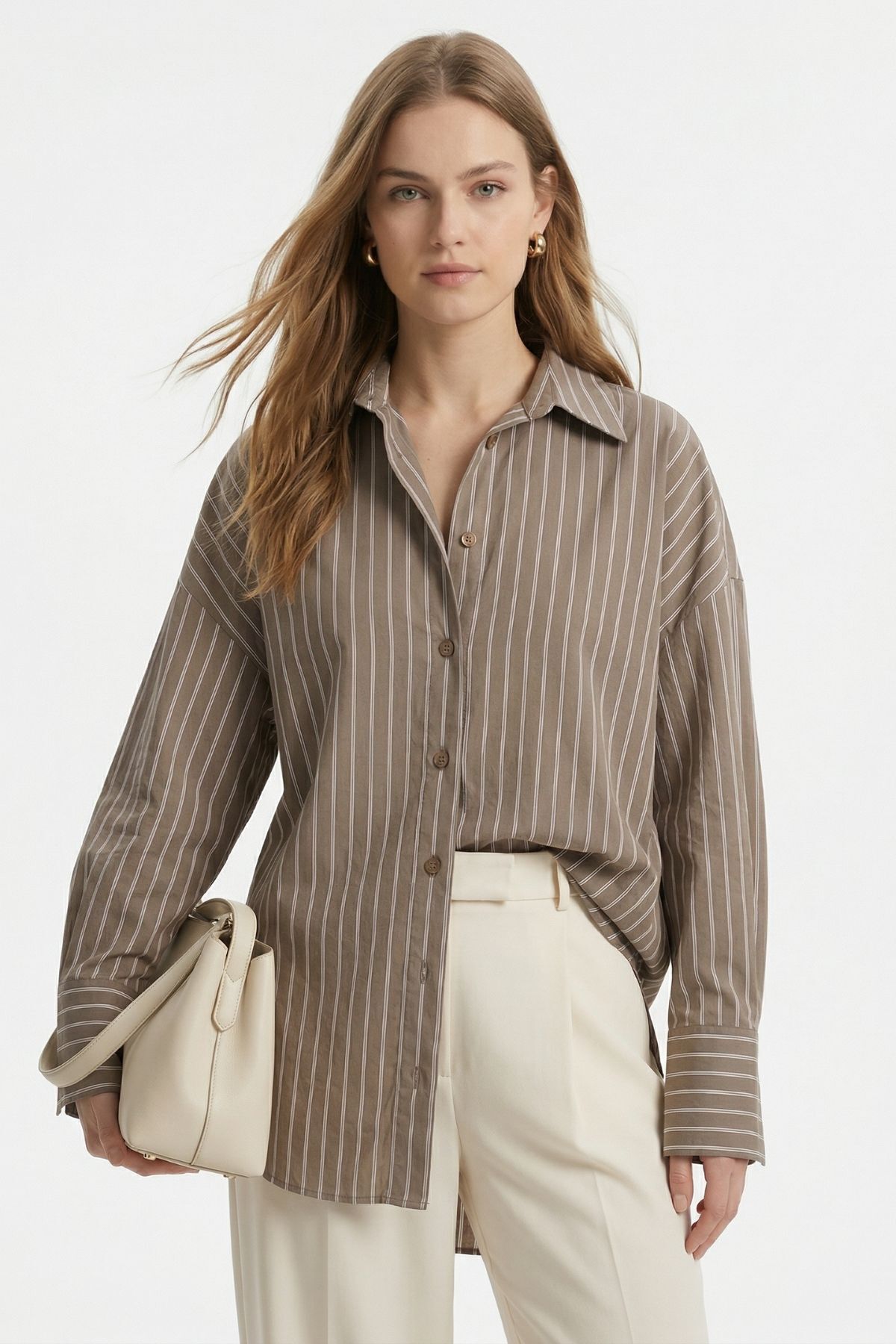Kahve Çizgili Oversize Gömlek 5460 - 1