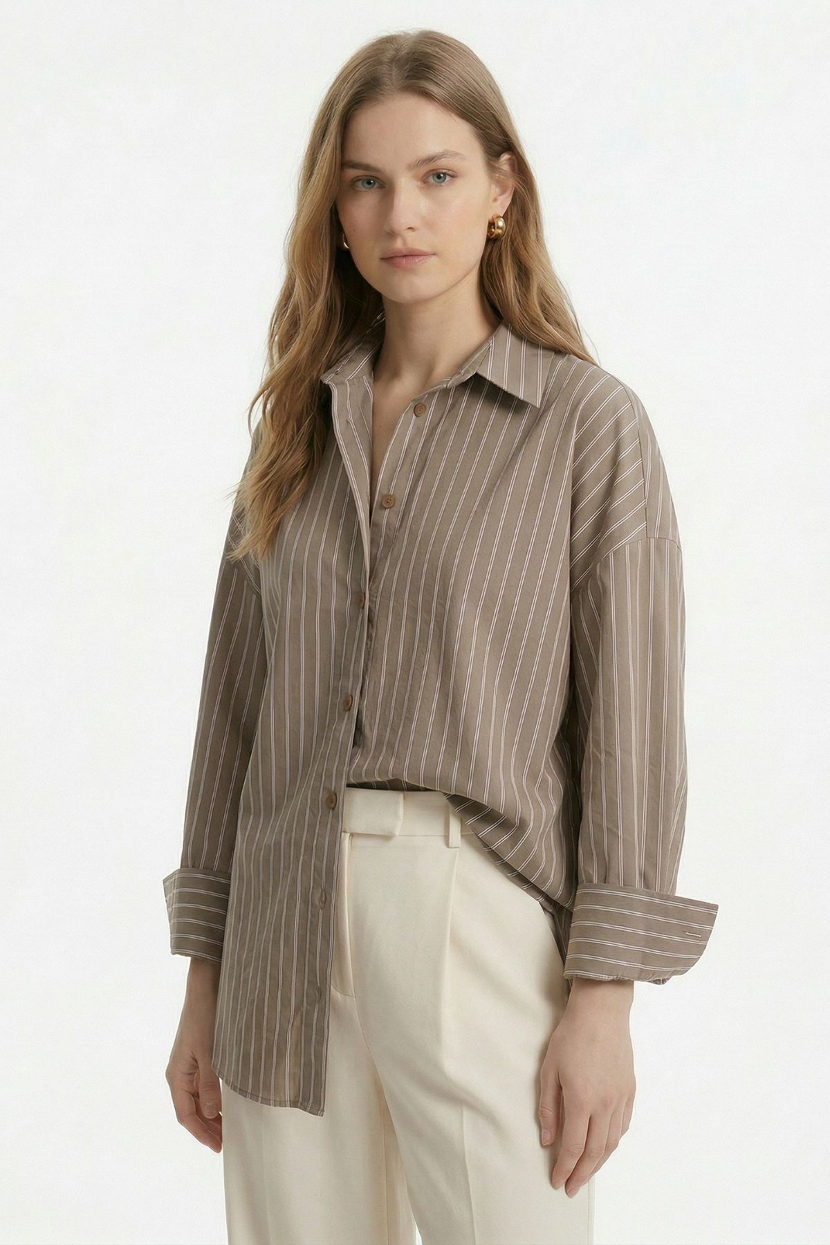 Kahve Çizgili Oversize Gömlek 5460 - RAYS (1)