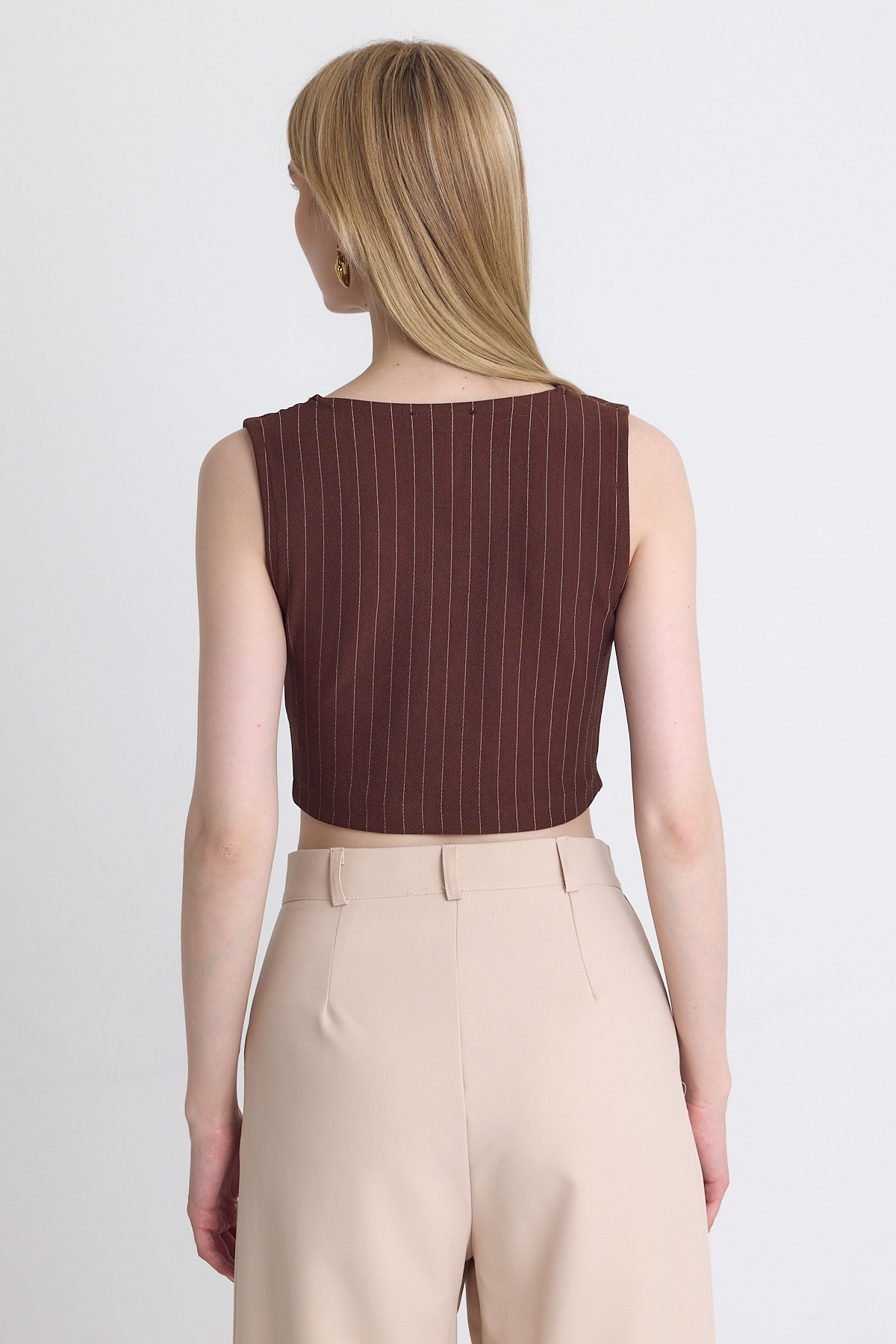 Kahve Çizgili V Yaka Pens Detaylı Düğmeli Crop Yelek 4288A - 5