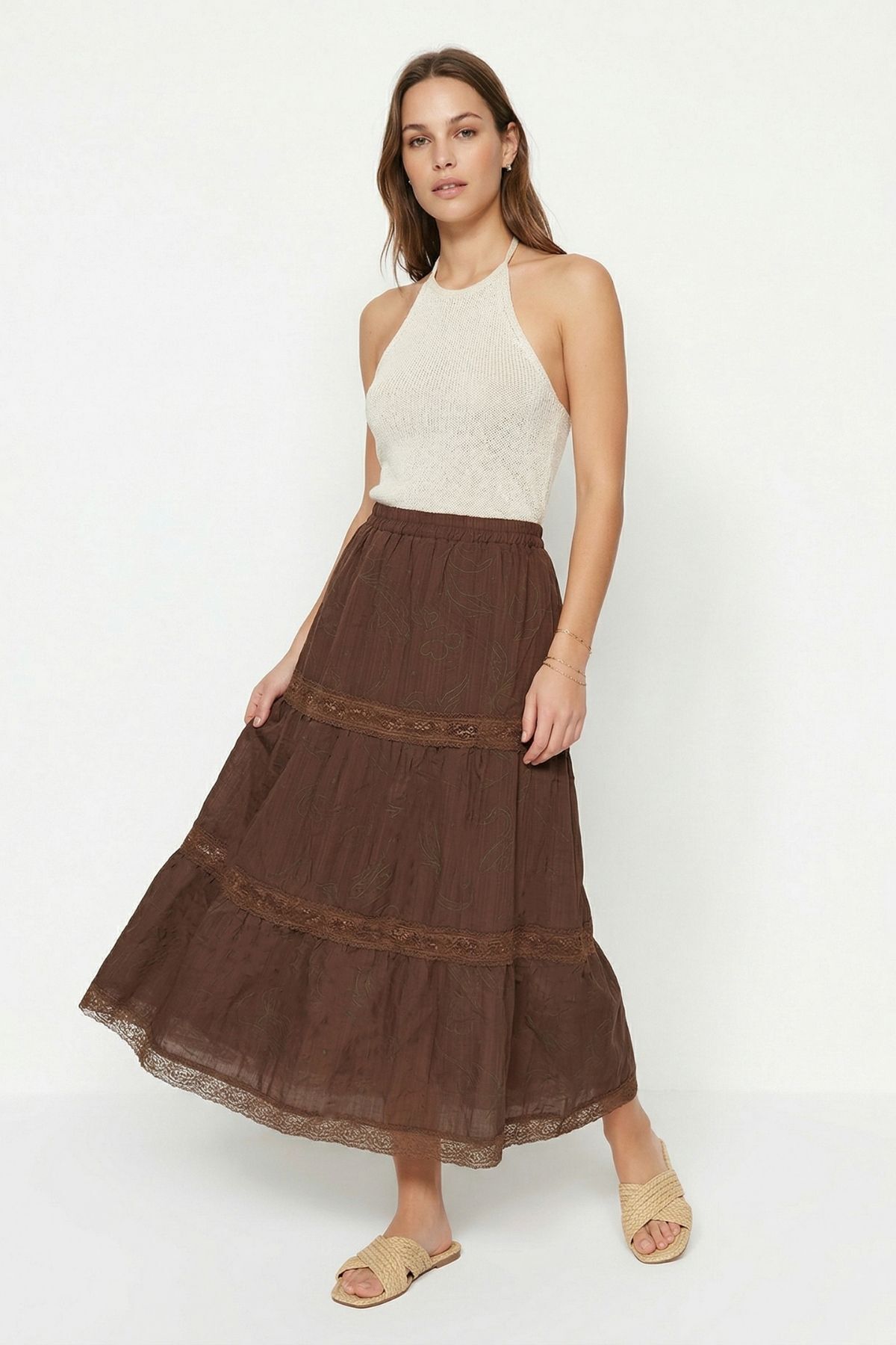 Kahve Dantelli Çiçek Desen Etek 37227 - RAYS