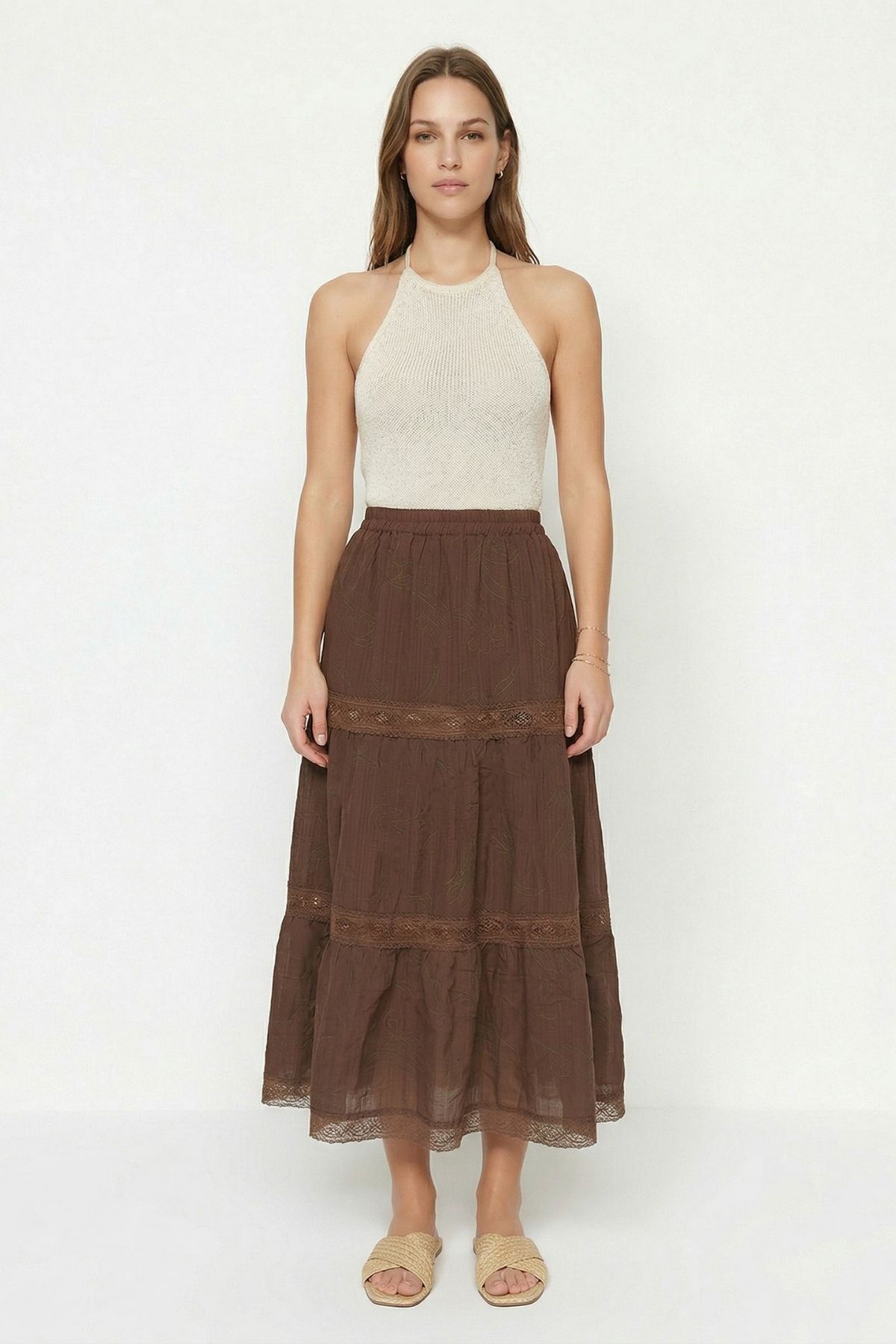 Kahve Dantelli Çiçek Desen Etek 37227 - 2