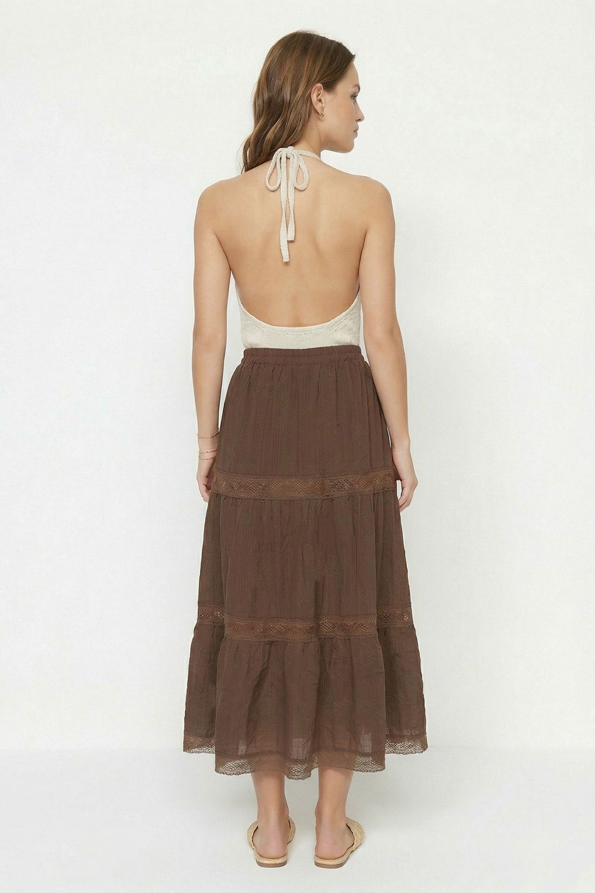 Kahve Dantelli Çiçek Desen Etek 37227 - RAYS