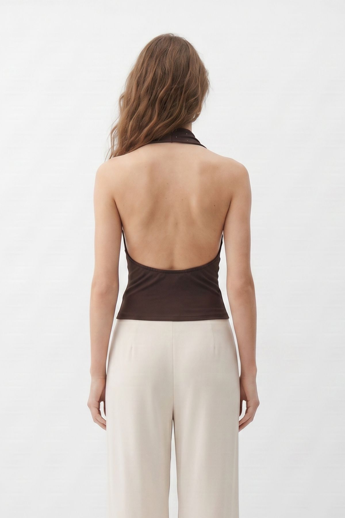 Degaje Halter Yaka Taşlı Bluz 2738 Kahve - RAYS