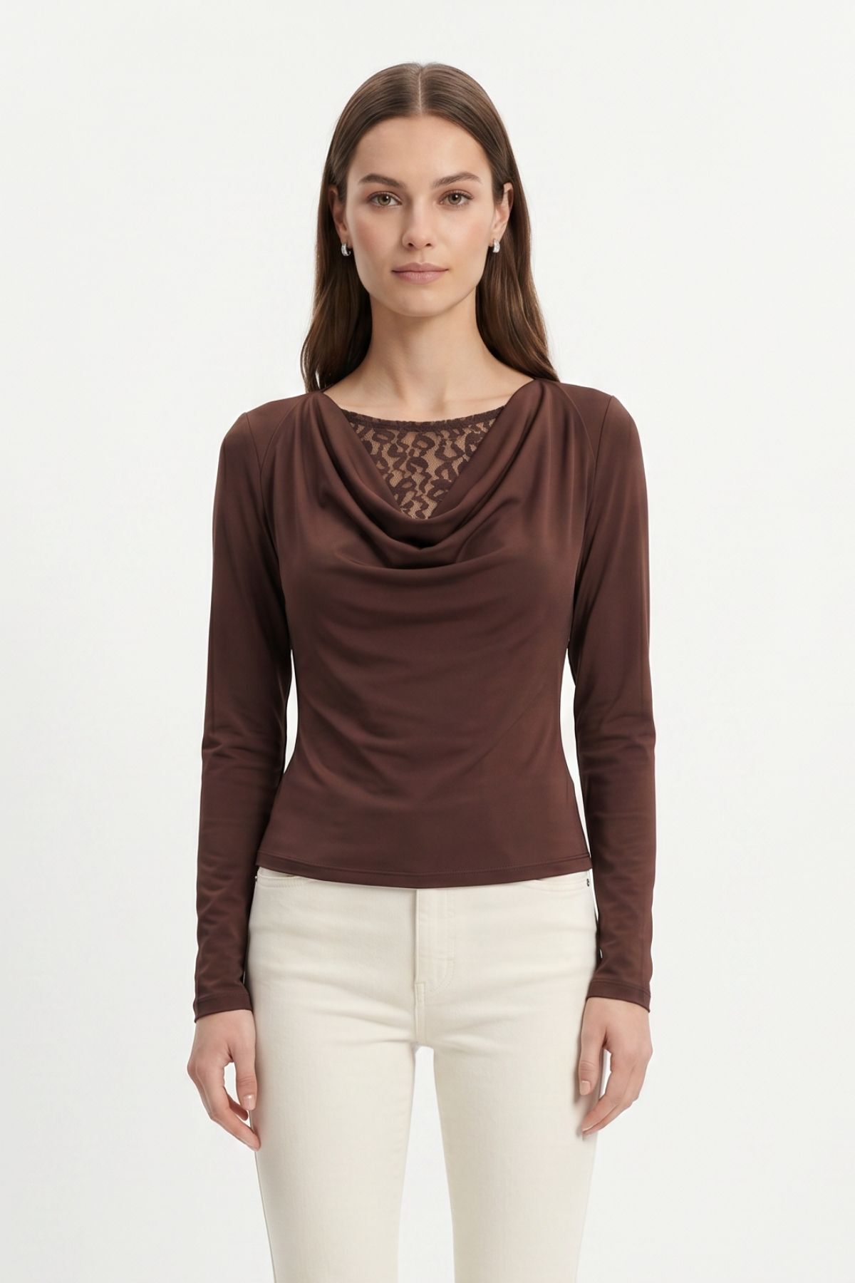 Kahve Degaje Yaka Dantel Detay Bluz 0469 - 2