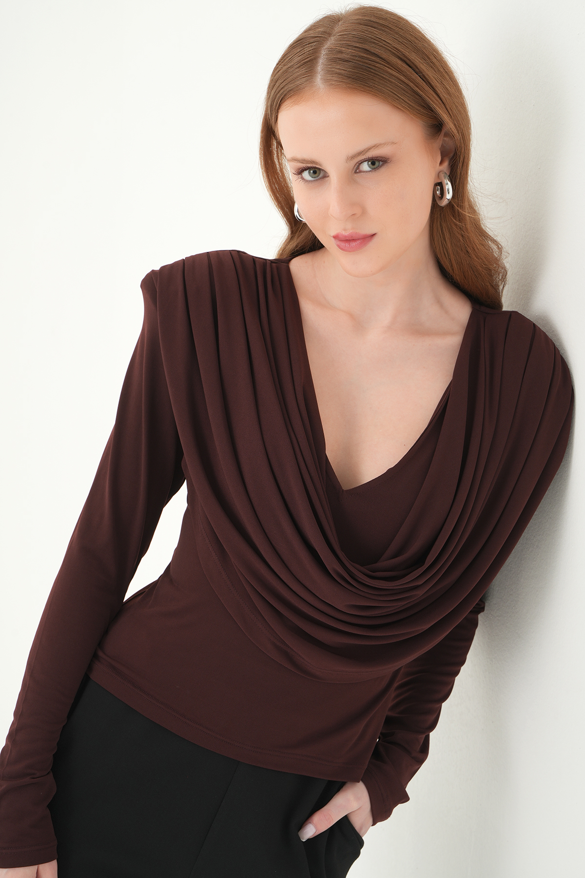 Kahve Degaje Yaka Uzun Kol Bluz 251282 