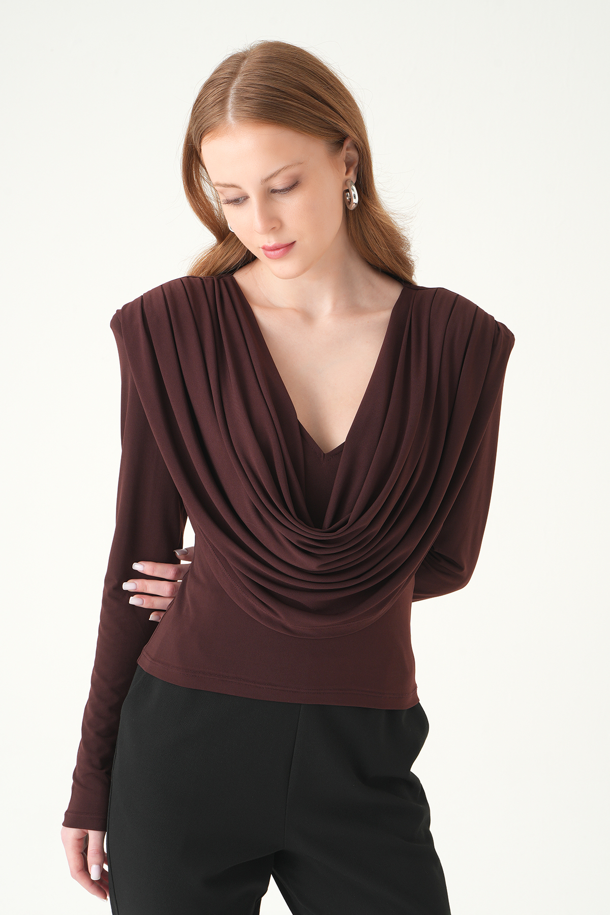 Kahve Degaje Yaka Uzun Kol Bluz 251282 - 2