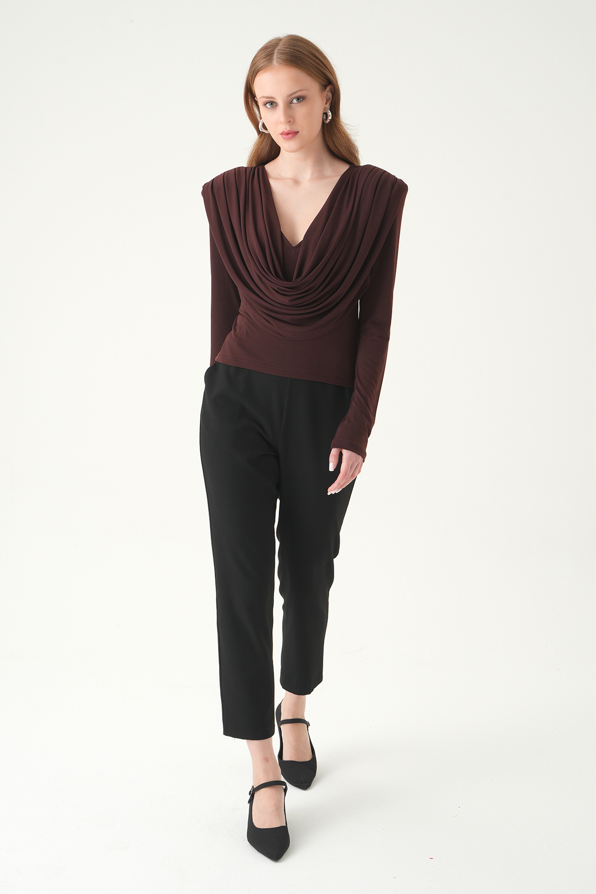 Kahve Degaje Yaka Uzun Kol Bluz 251282 - 3