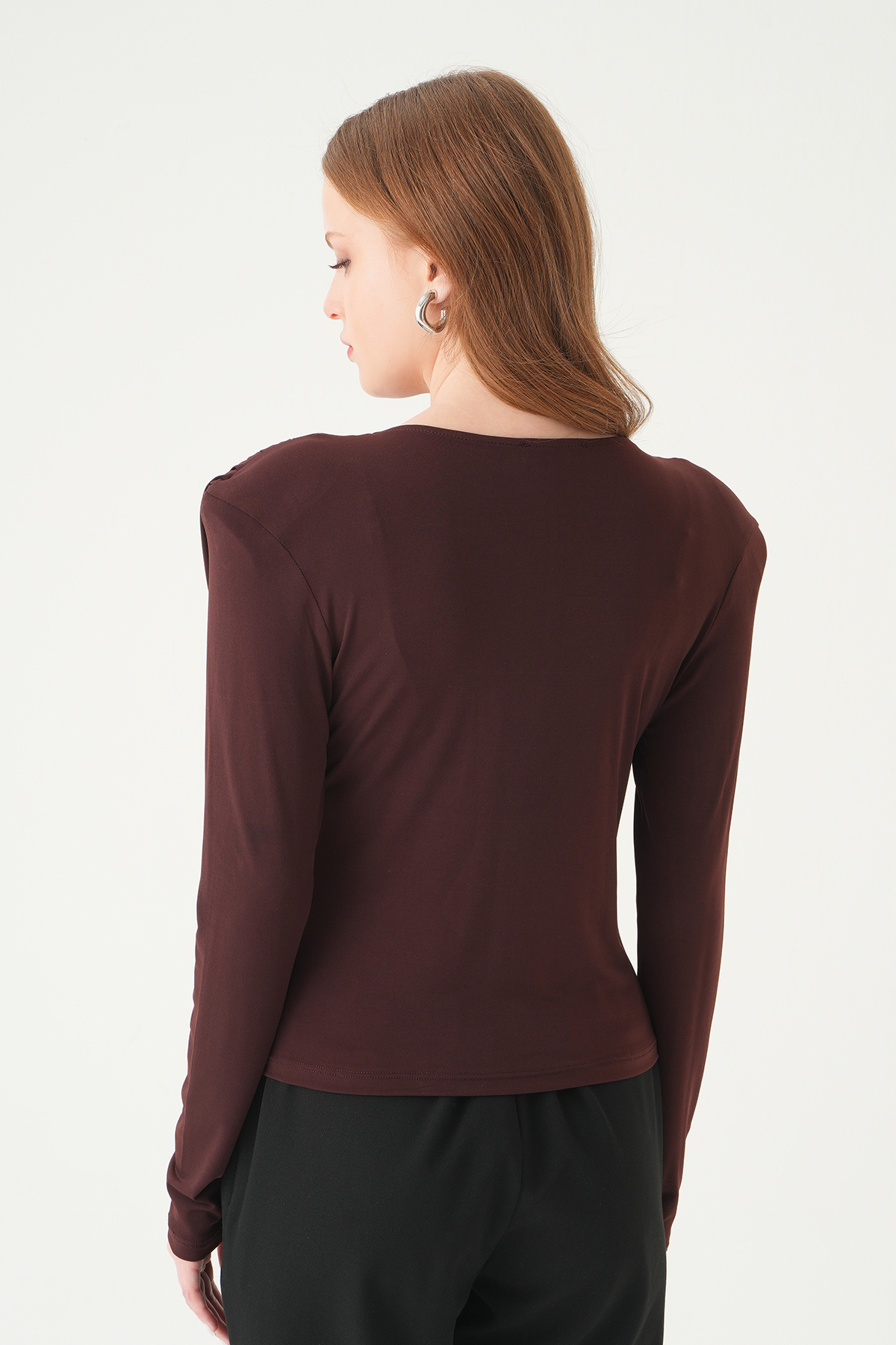 Kahve Degaje Yaka Uzun Kol Bluz 251282 - 5