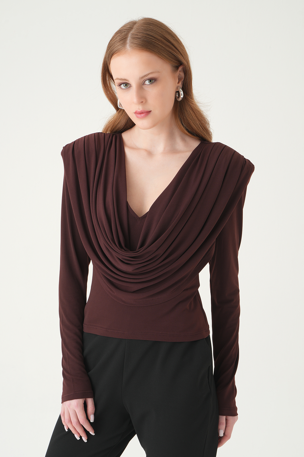 Kahve Degaje Yaka Uzun Kol Bluz 251282 - 6