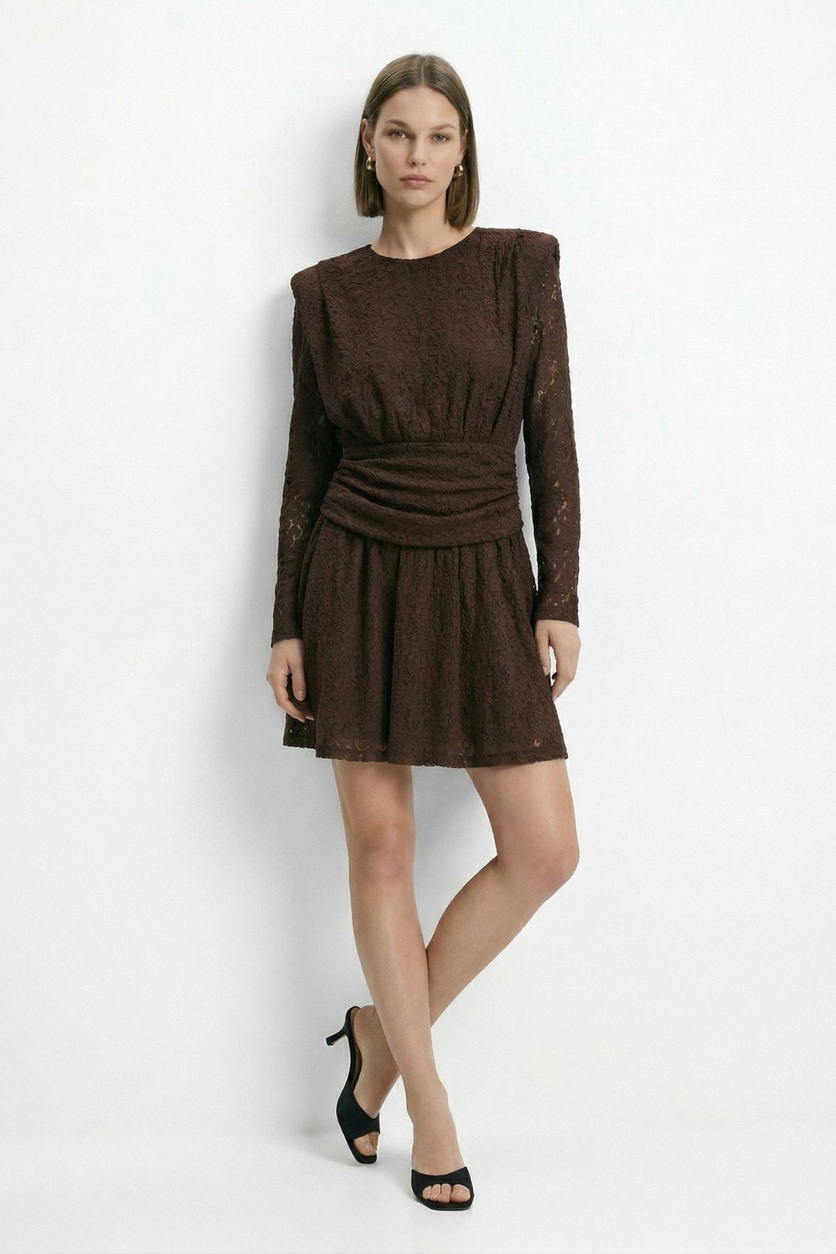 Kahve Desenli Bel Bağlama Elbise 2808 - RAYS