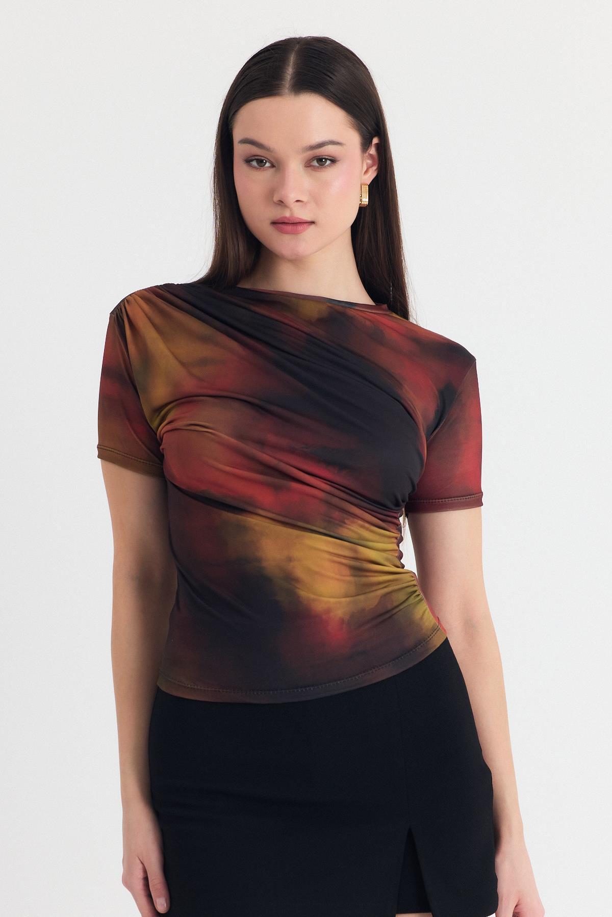 Kahve Desenli Büzgülü Sandy Bluz 12303 - RAYS