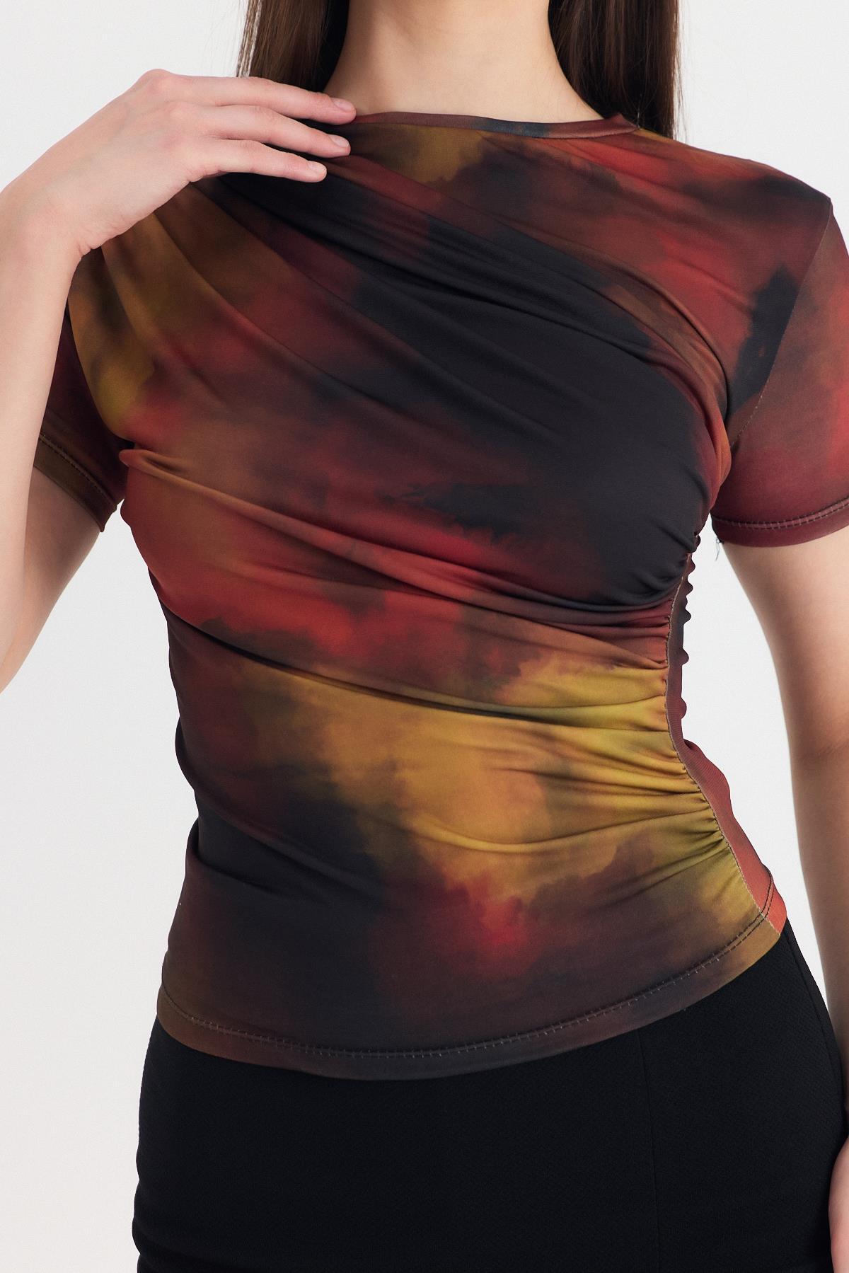 Kahve Desenli Büzgülü Sandy Bluz 12303 - RAYS