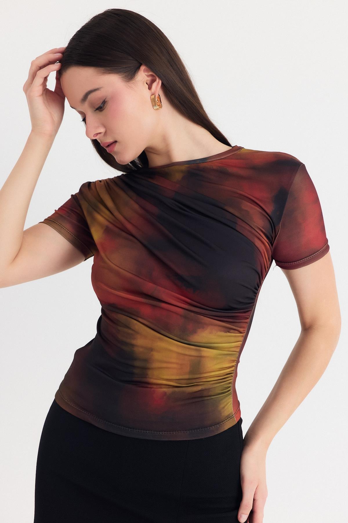 Kahve Desenli Büzgülü Sandy Bluz 12303 - 6