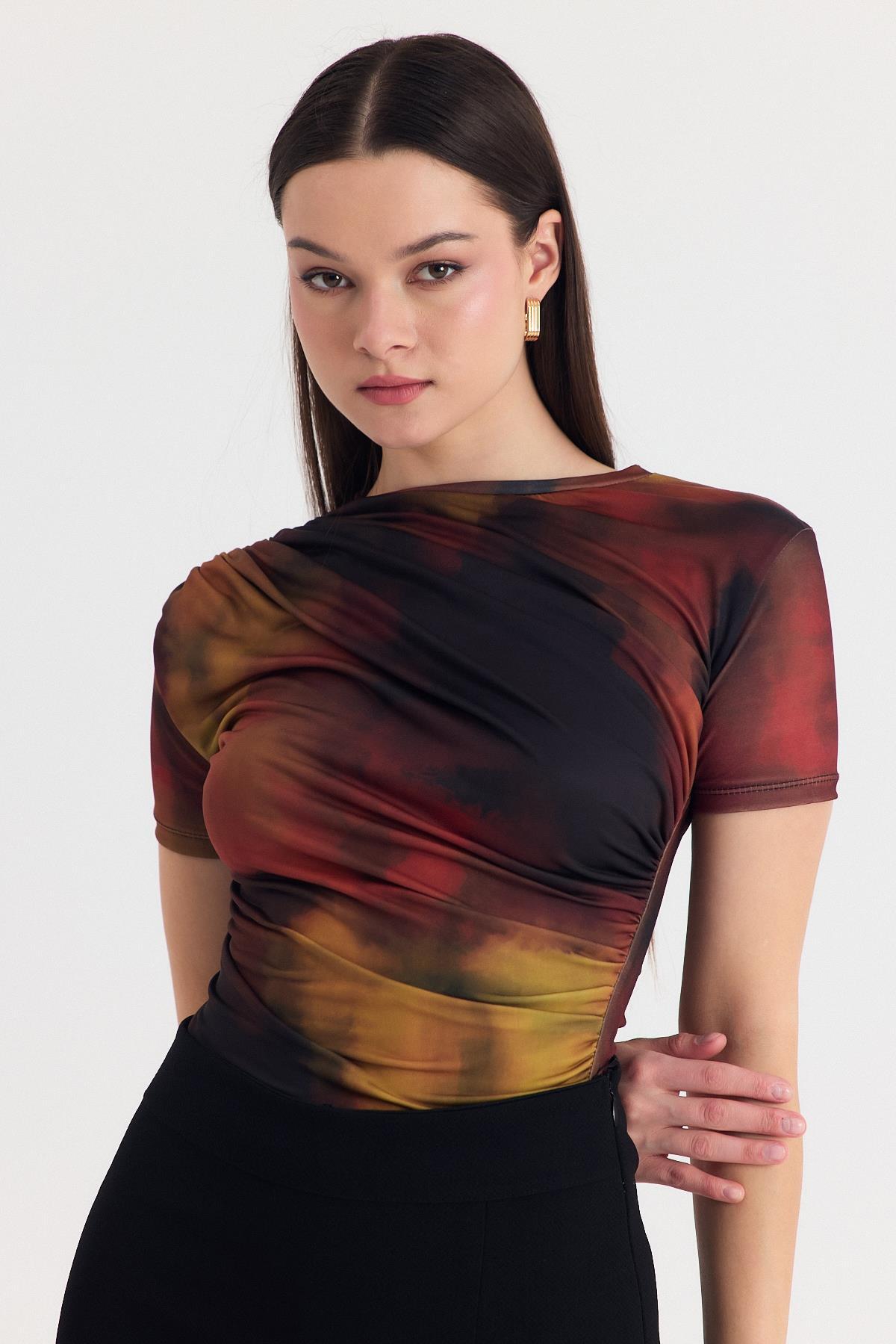 Kahve Desenli Büzgülü Sandy Bluz 12303 - 7