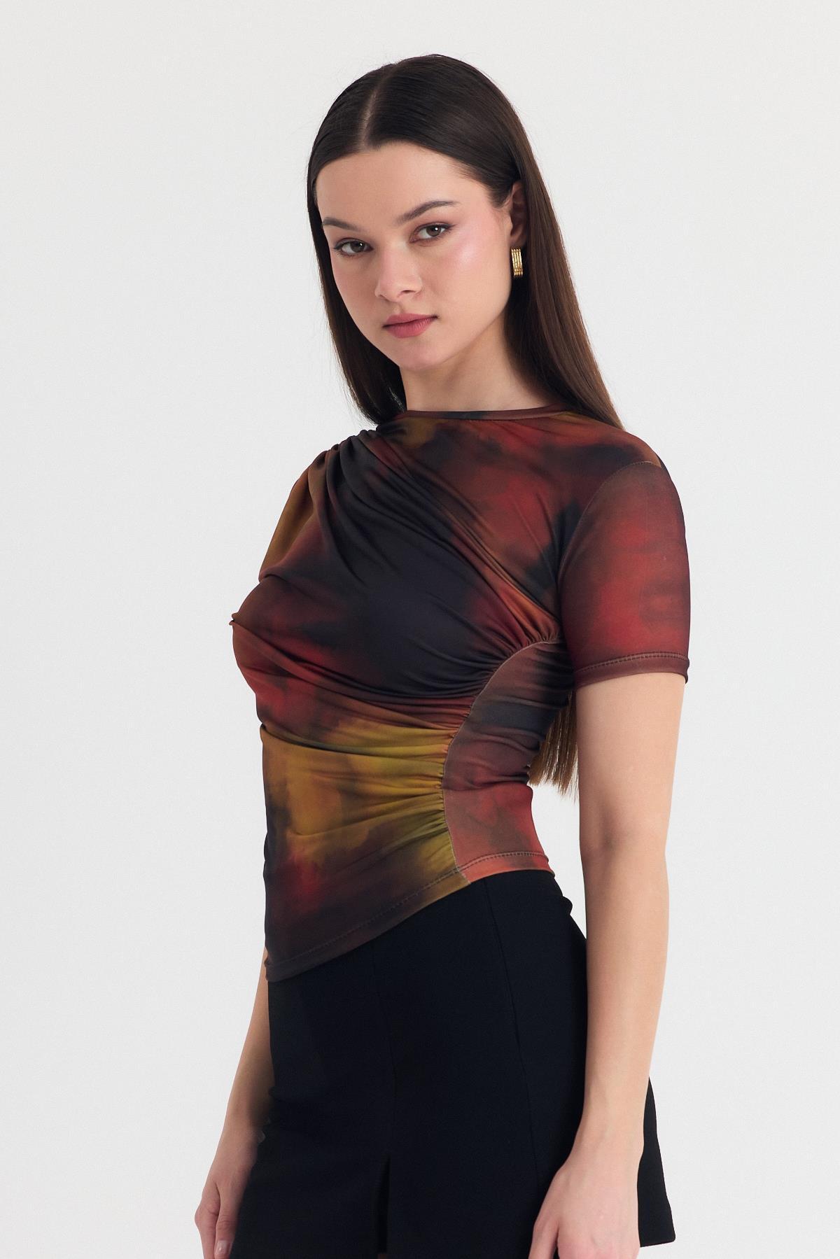 Kahve Desenli Büzgülü Sandy Bluz 12303 - 8