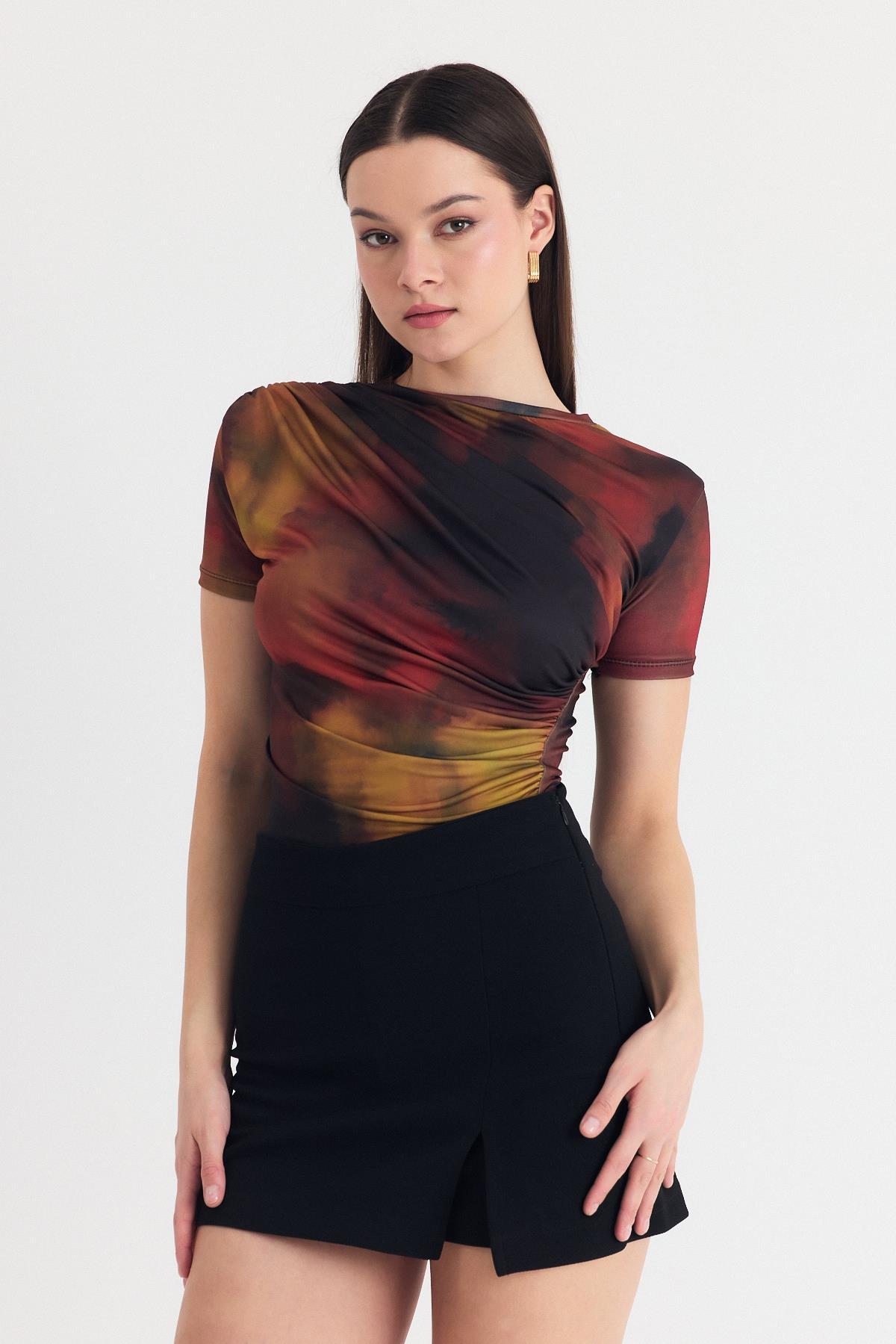 Kahve Desenli Büzgülü Sandy Bluz 12303 