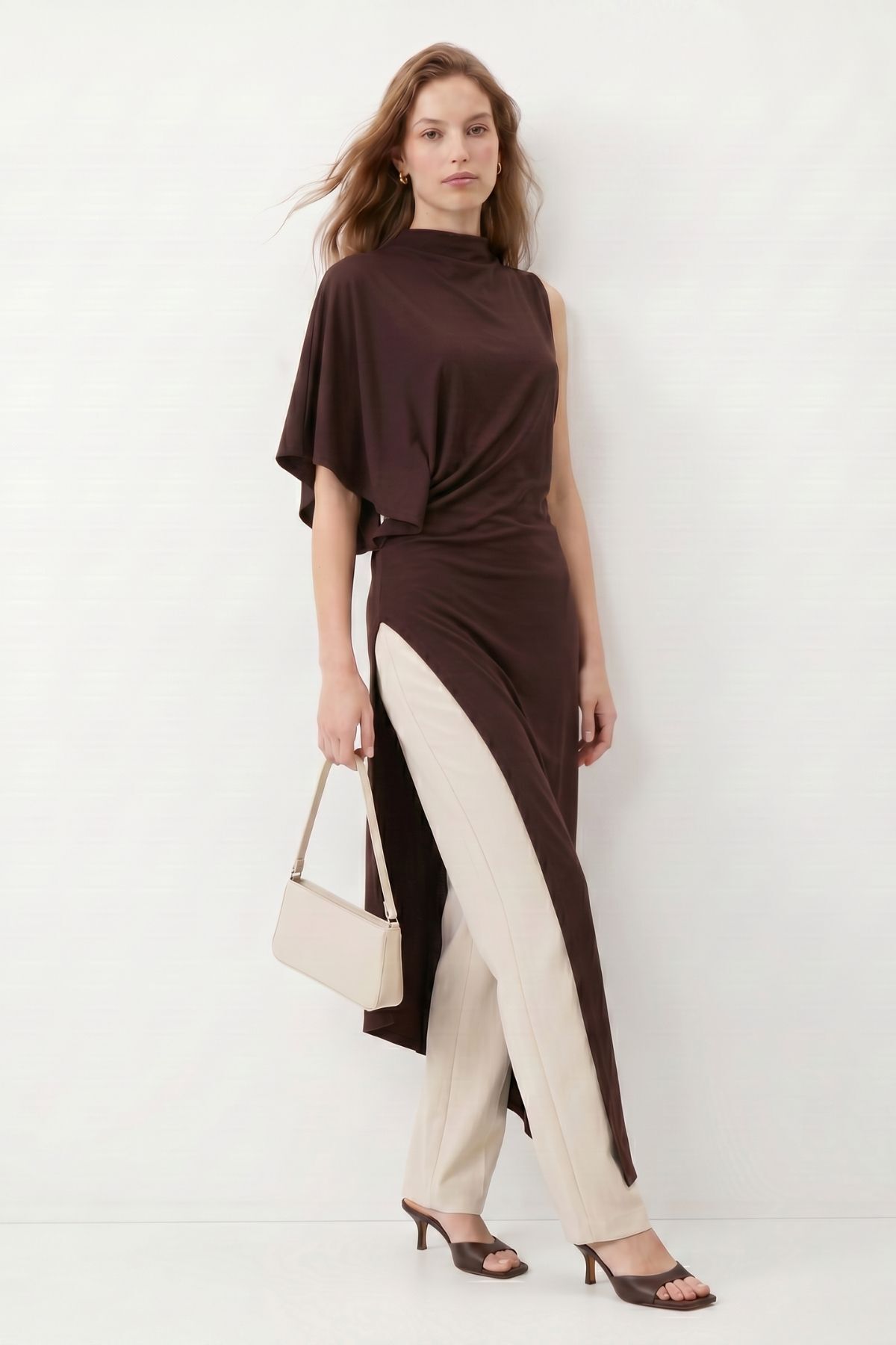 Dik Yaka Asimetrik Kesim Uzun Tunik 261659 Kahve - RAYS